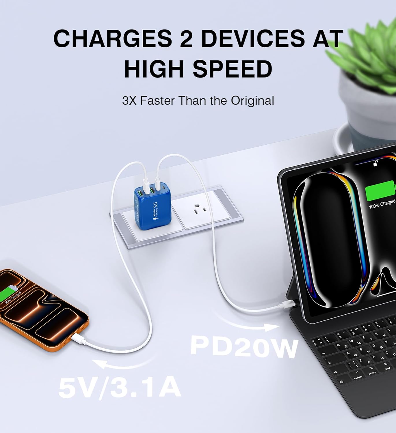(2-Pack) 60W USB C Wall Charger Block, 5-Port C Charger Fast Charging Block PD Power Adapter +QC 3.0 Multiport Type C Box Brick Cube USB A Wall Plug for iPhone 15/16/17 Pro Max,Samsung (Dark Blue)