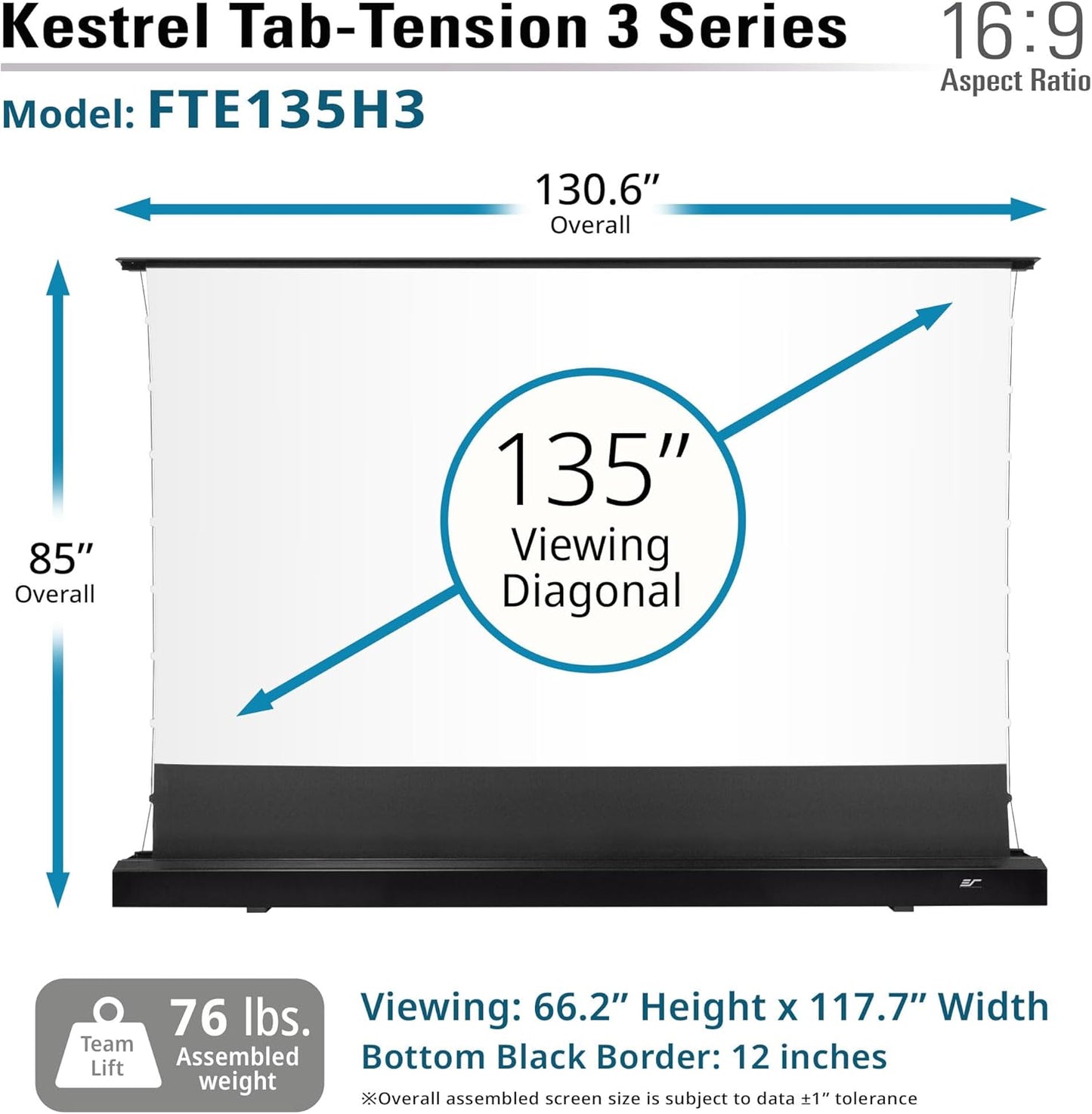 Elite Screens Kestrel Tab-Tension 3 CineWhite, 135 inch 16:9 Aspect Ratio, ISF Certified, Electric Floor-Rising Motorized Tab-Tensioned Front Projector Screen, Programmed Remote Kit, FTE135H3