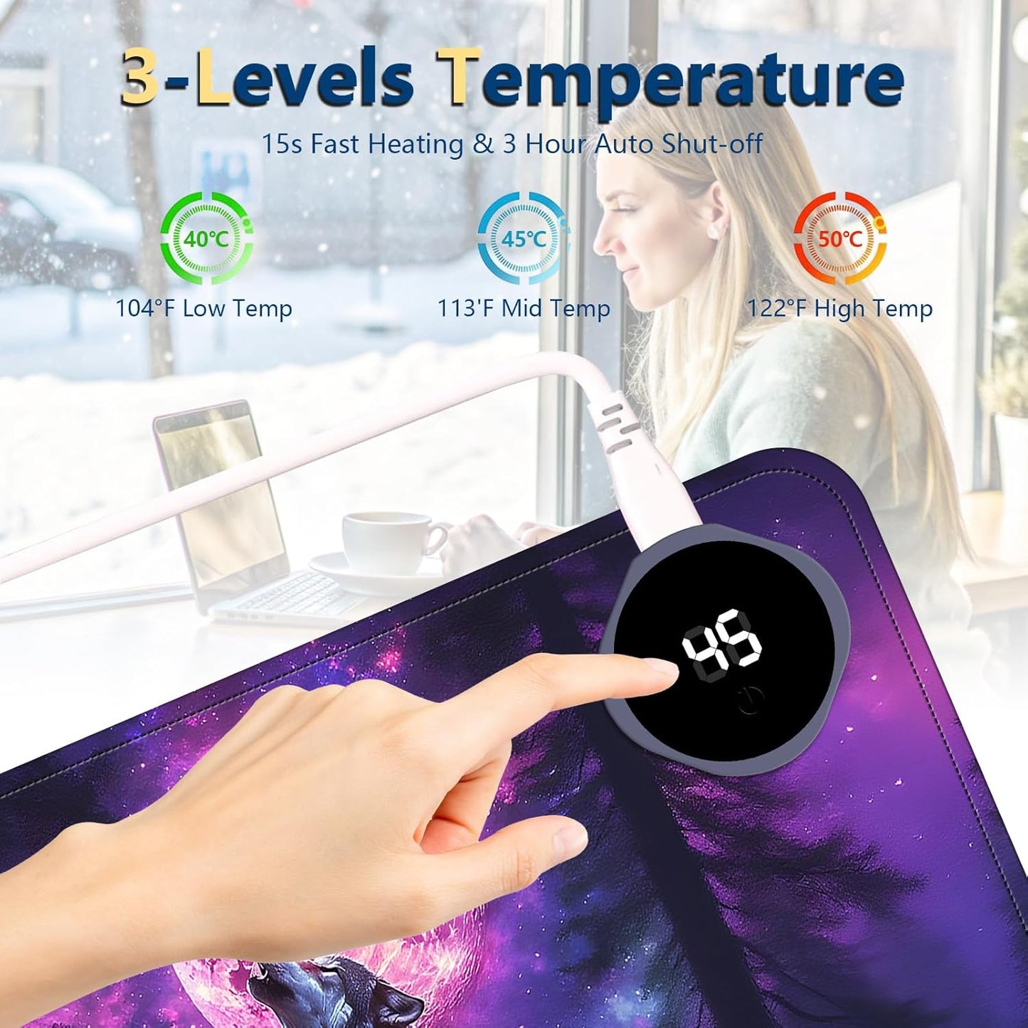 Heated Mouse Pad with 3 Temperature Settings(104°F–122°F),Large 31.5x13 Inch PU Leather Heated Desk Mat,Waterproof Warming Pad for Office,Gaming & Cold Hands Relief,Moon Wolf Howling