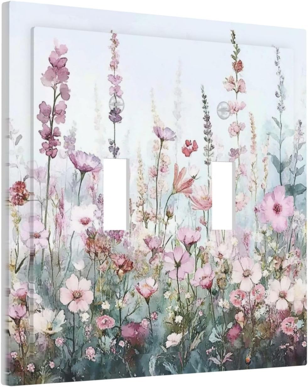 Pink Floral Watercolor Botanical Wildflowers Decorative Switch Plates 2 Gang Double Toggle Outlet Light Switch Cover Wall Plate Electrical Faceplate For Bed Room Living Room Decor