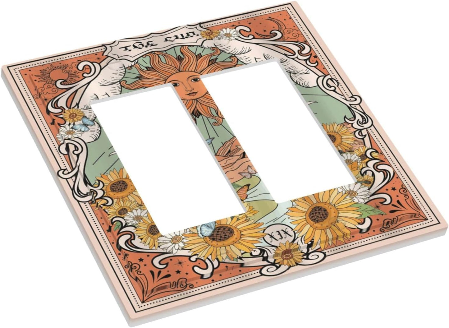 Boho Retro Sun Sunflower Vintage Flower Butterfly Decorative Outlet Covers 2 Gang Double GFCI Rocker Electrical Wall Panels Light Switch Cover Plate for Farmhouse Home Decor