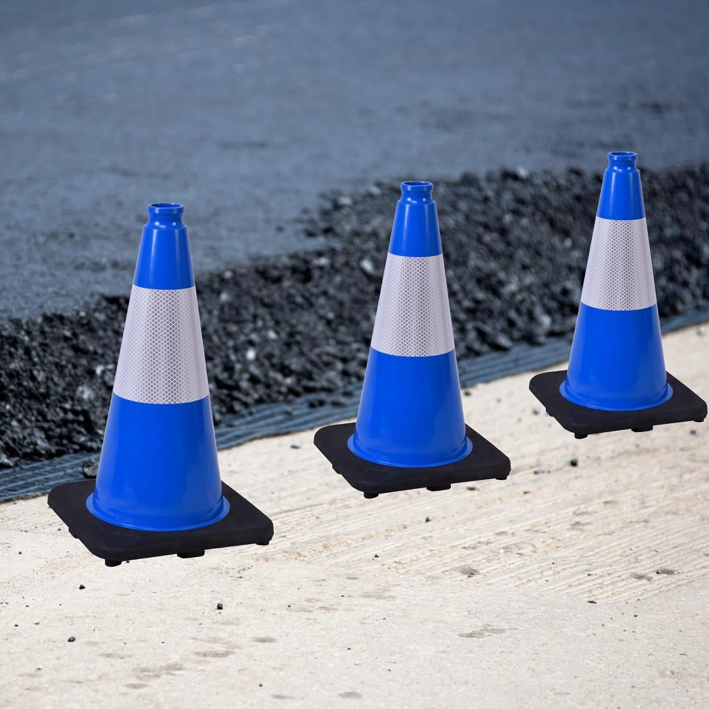 6 Pack 18 Inch Blue Traffic Cones with Reflective Stripes, Black Base Safety Cones for Parking Lots, Sports Events and Property Marking (6, Blue, 18 Inch)