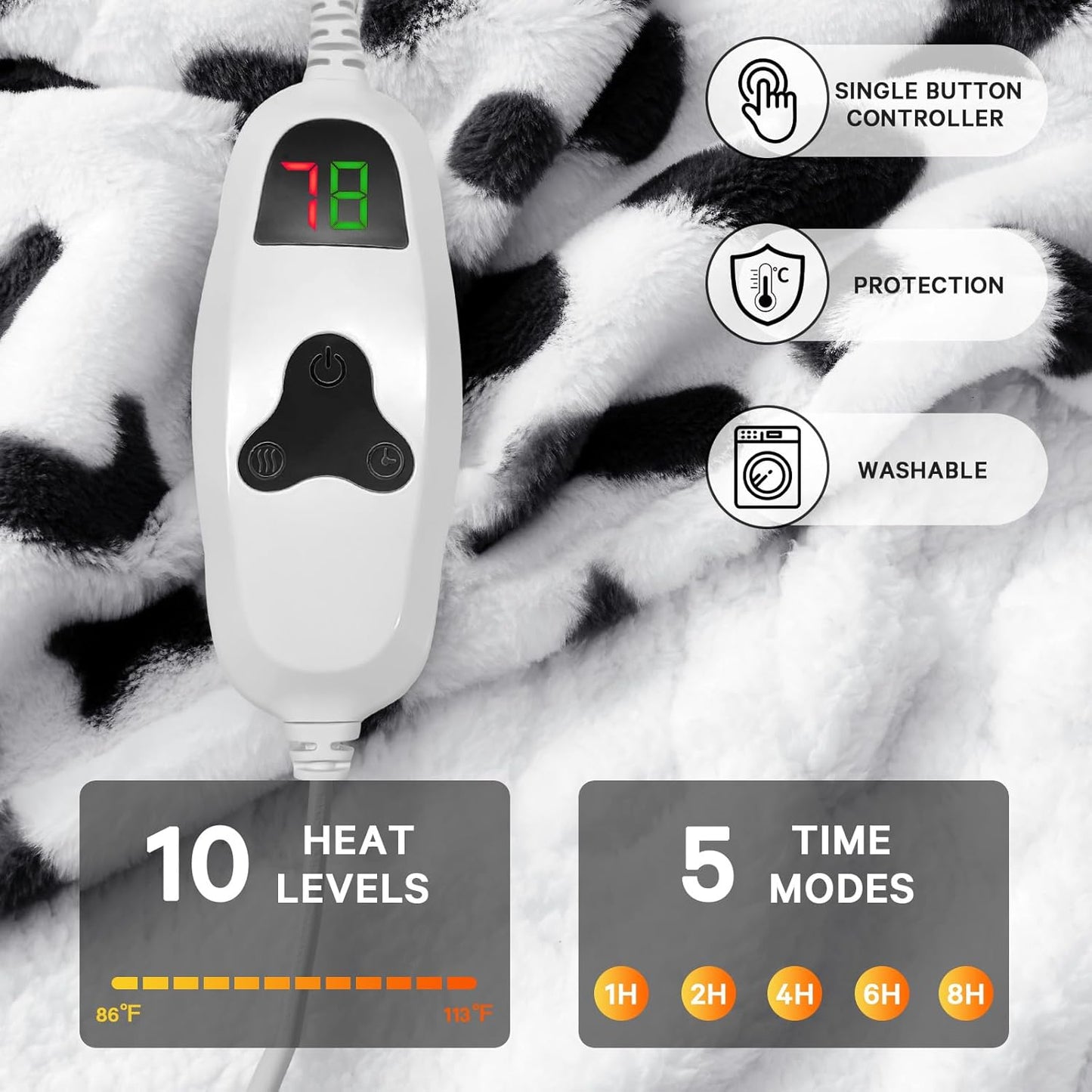 Black Heated Electric Blanket Throw,50X60 Cow Print Heating Blanket with 10 Heats Levels & 8 Hours Auto Off,Cute Cow Decor Stuff Soft Fleece Sherpa Blankets Warmer Gifts for Women Washable