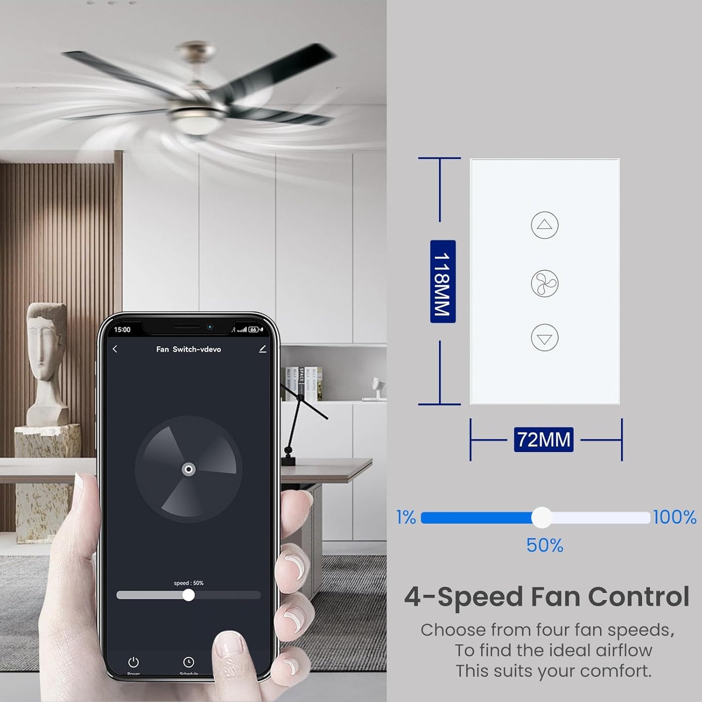 Smart Fan Switch 118X72X34MM Need Neutral Wire, 2.4GHz WiFi,Tempered Glass Panel, Multi-Control Way Work with Alexa and Smart Life, White WiFi Fan