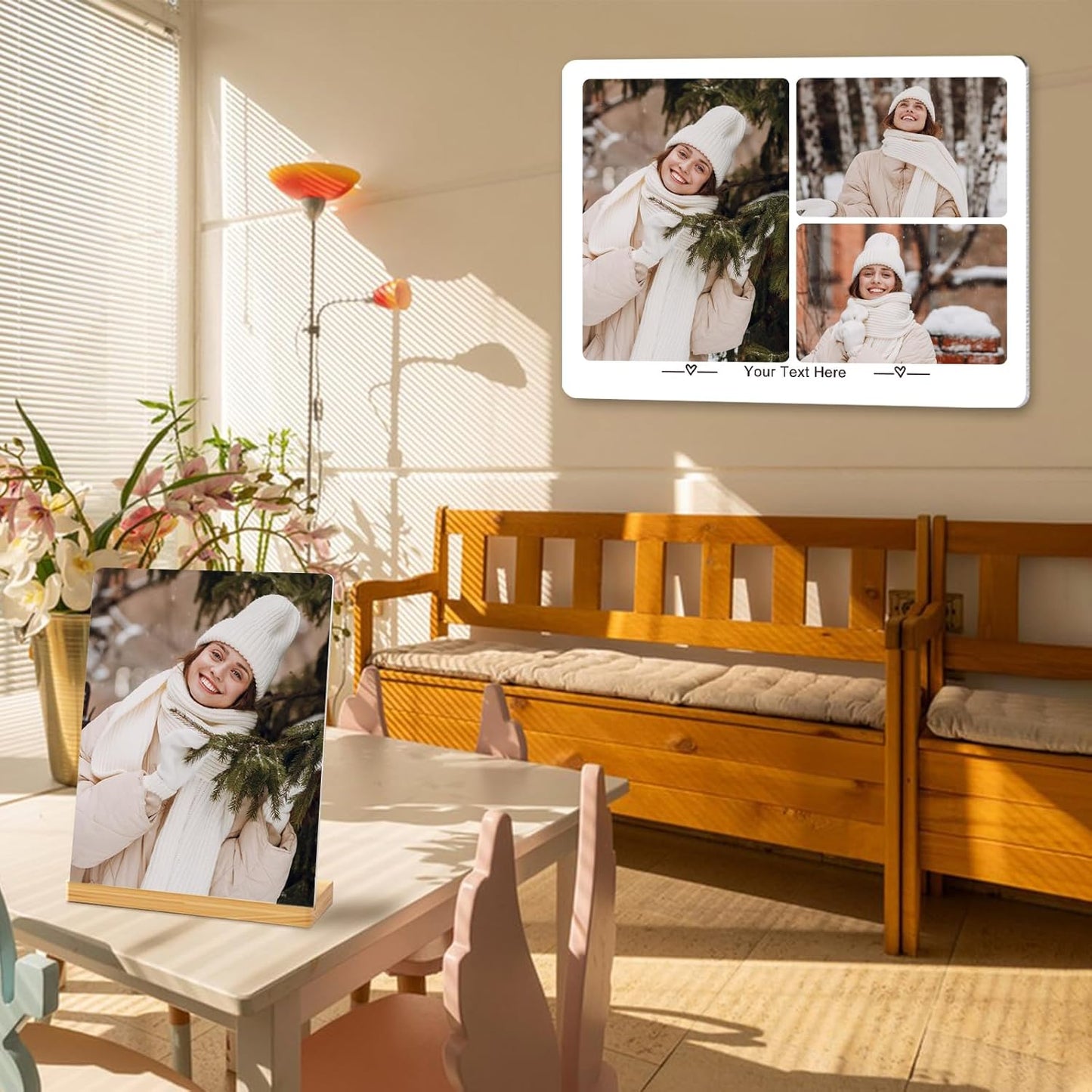 Custom Photo Prints - Metal Desktop Picture Frame with Collage Photos & Text & Wooden Base Personalized Gifts for Family Friends Lovers and Pets, Optional Multiple Sizes