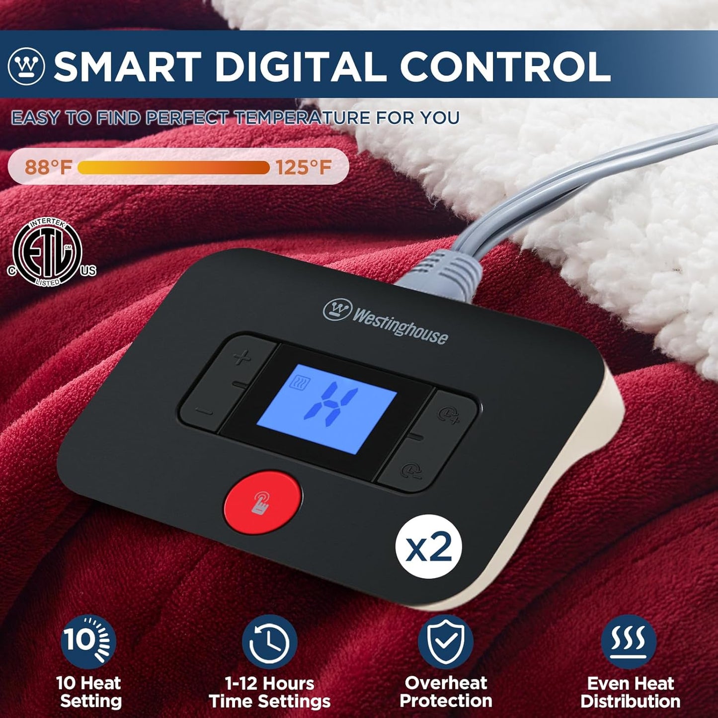 Westinghouse Electric Blanket Queen, Heated Blanket Queen Size with 10 Heating Levels and 1 to 12 Hours Heating Time Settings, Flannel to Sherpa Reversible, Machine Washable (84" x 90", Red)