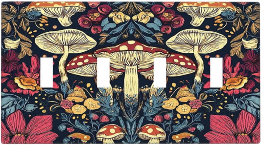Light Switch Cover Plate Coloful Red Yellow Orange Magical Mushroom Forest 4 Gang Quad Toggle Wall Plate Electrical Outlet Cover Decorative Switch Plate Covers for Bedroom Home Decor