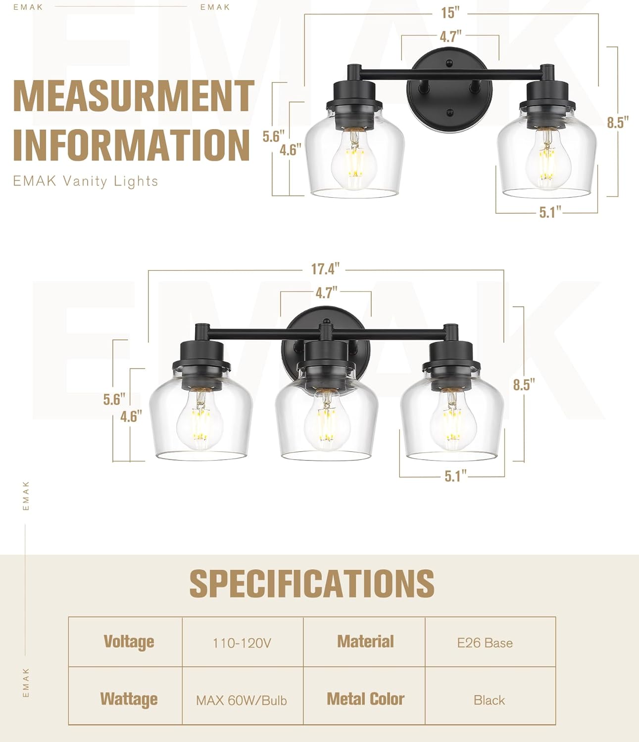 Emak 3-Light Bathroom Vanity Lights Over Mirror, Modern Bathroom Light Fixtures with Clear Glass Shade, Black Vanity Light for Bath, Makeup Desk, Mirror, VL122-BK-CG-3