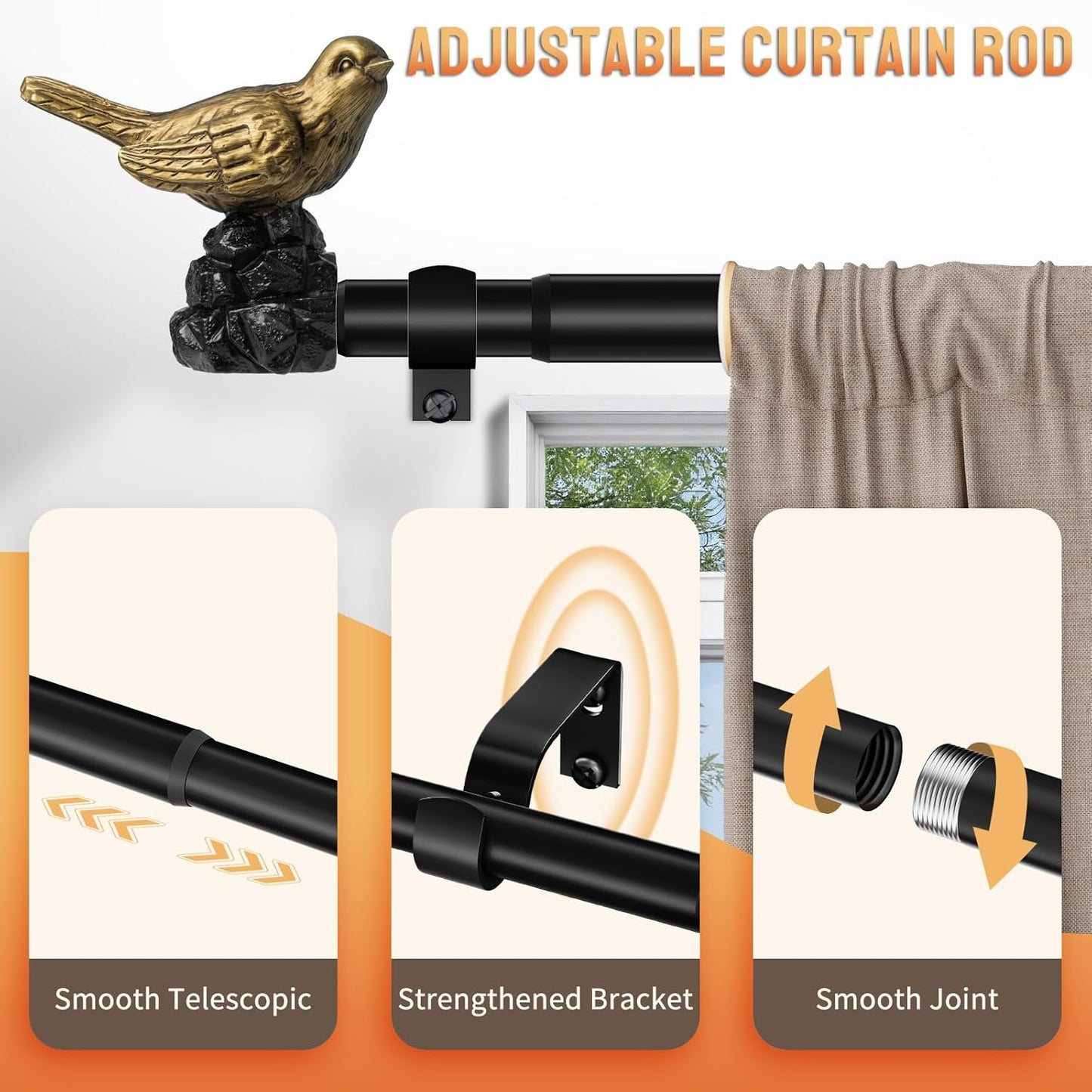 Decorative Black Curtain Rod 48 to 90 Inches Adjustable Drapery Rod with Bird Finials Heavy Duty Curtain Rods for Windows Living Room Kitchen