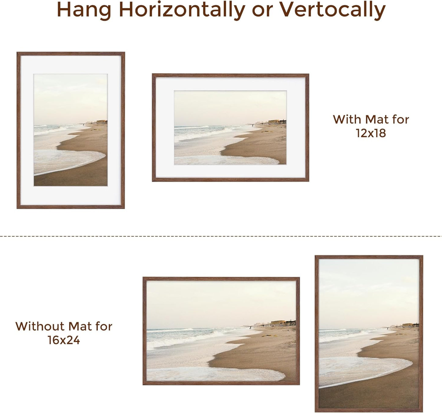 16x24 Picture Frame, 16 x 24 Poster Frames Set of 2, 16x24 Frame Solid Oak Wood & Tempered Glass, 16 x 24 Picture Frame with Mat for 12 x 18, Rustic Wooden 16"x24" Frames, Walnut Color