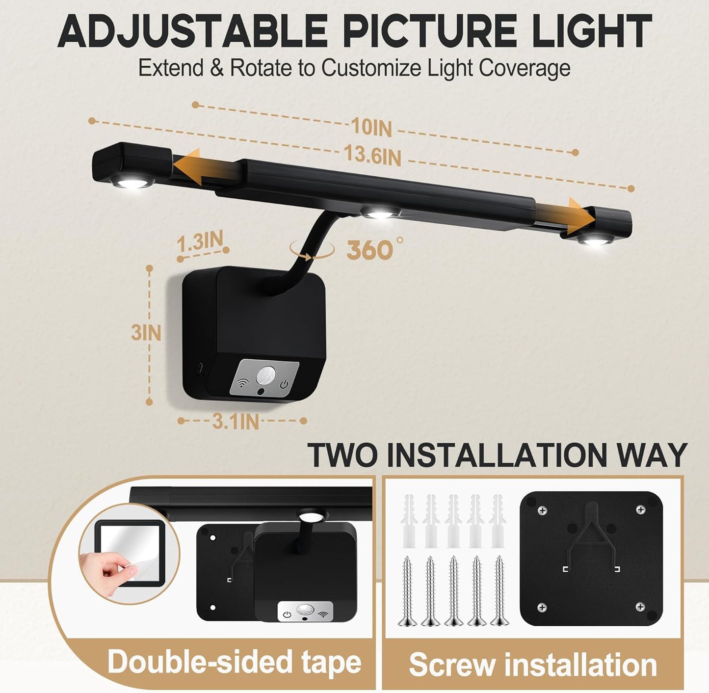 Motion Sensor Wireless Picture Lights for Wall, Dimmable Battery Operated Picture Light with Timer, Extendable Painting Light with Remote, 3 Color Temp, Rotatable Wall Art Light for Paintings