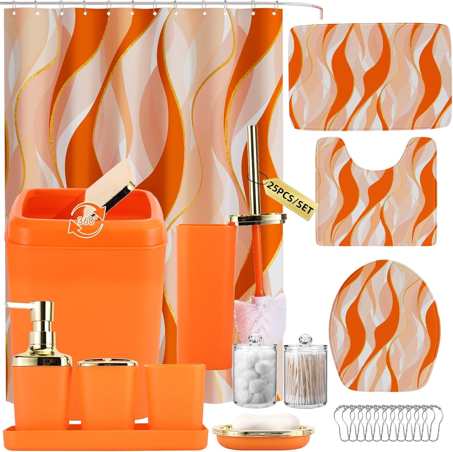 Bathroom Set - Orange and Gold Bathroom Accessories, Bathroom Sets with Shower Curtain and Rugs, Orange Shower Curtain Set with Bathroom Trash Can, Soap Dispenser, Soap Dish for Home Decor