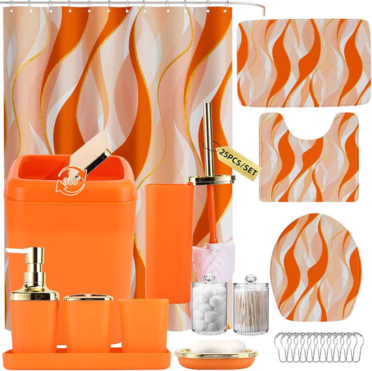 Bathroom Set - Orange and Gold Bathroom Accessories, Bathroom Sets with Shower Curtain and Rugs, Orange Shower Curtain Set with Bathroom Trash Can, Soap Dispenser, Soap Dish for Home Decor