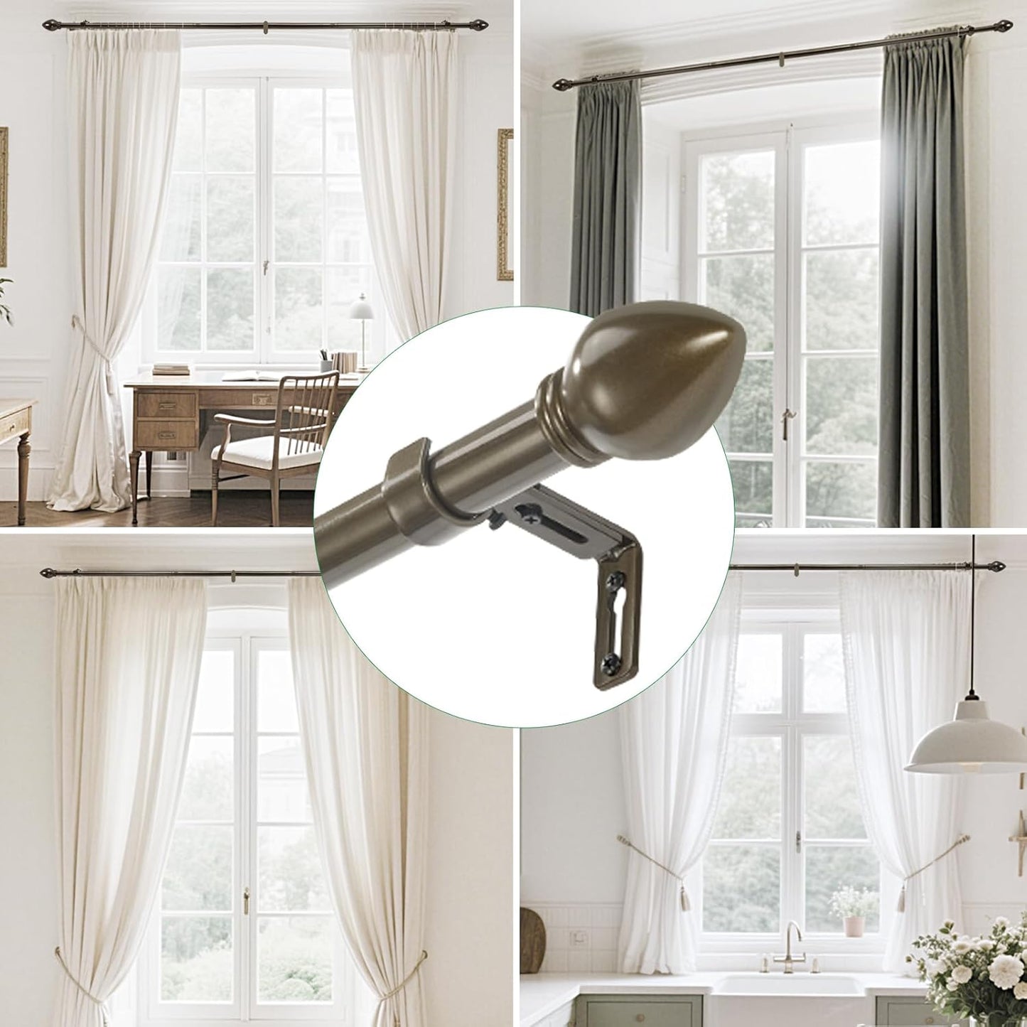 Curtain Rods for Windows 16 to 76 inches, Curtain Rod Max Adjustable Length to 88 in, Drapery Rod 1 inch Diameter with Modern Knobs Finials (Brown, 16" to 76" - Set of 1)