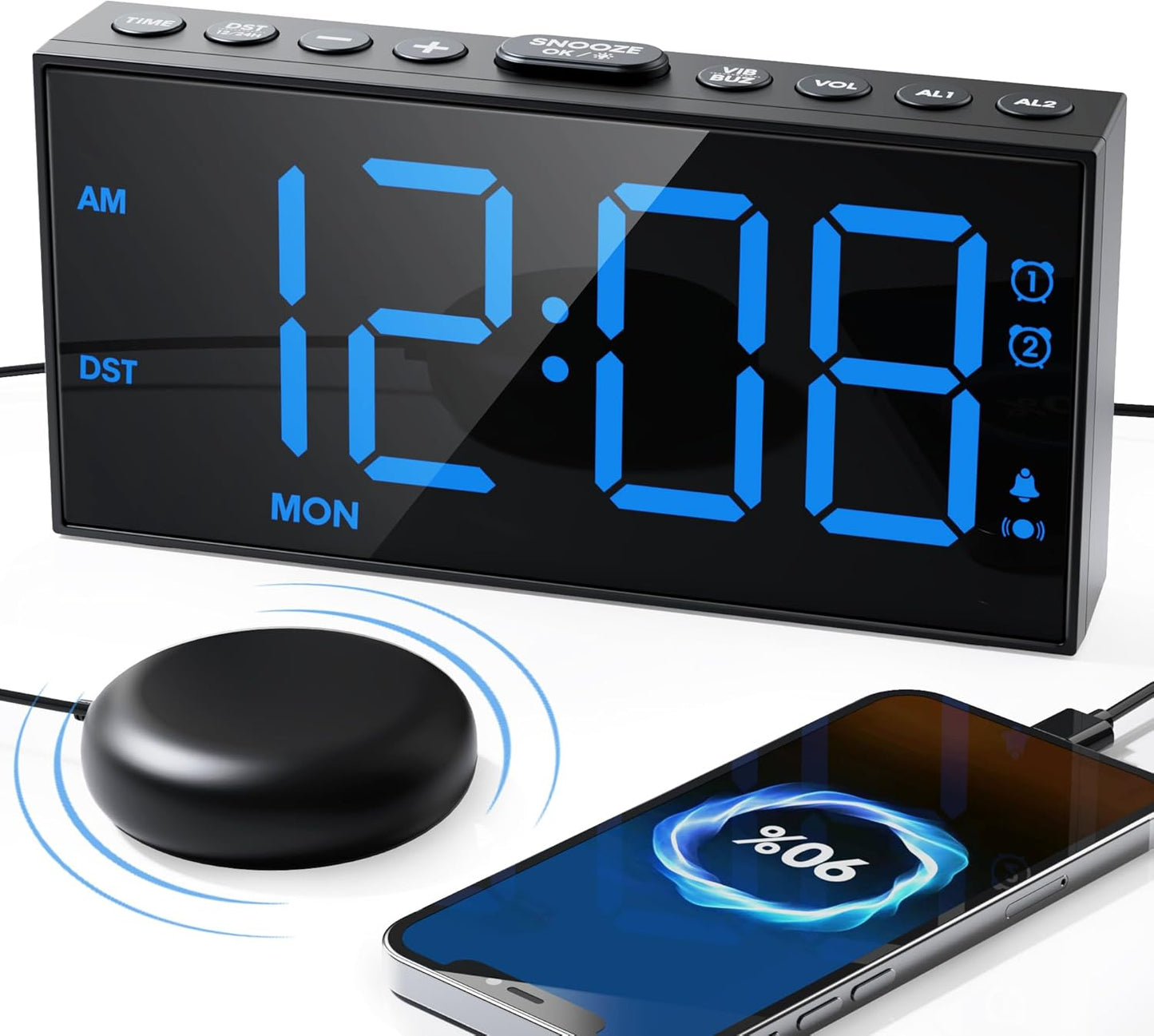 Loud Alarm Clock for Heavy Sleepers Adults,Bed Shaker Alarm Clock with 2 Alarms for Everyday/Weekday/Weekend,Dimmer,Snooze,USB Charging Port,12/24H DST,Vibrating Clock for Hard of Hearing/Teens