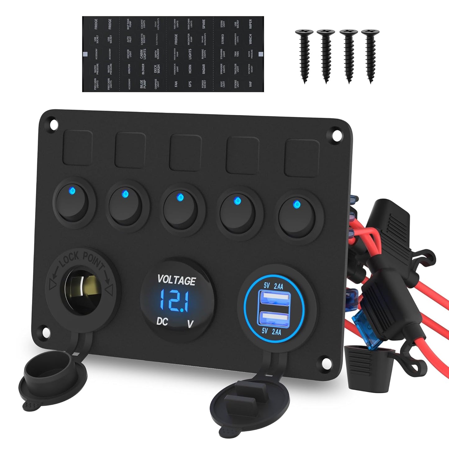 5 Gang Rocker Switch Panel UL Listed 12 Volt ON-Off Switch Panel Blue LED with Inline Fuse & 4.8A USB Charger Socket & Digital Voltmeter & 12V Cigarette Lighter Socket for Marine Boat Car
