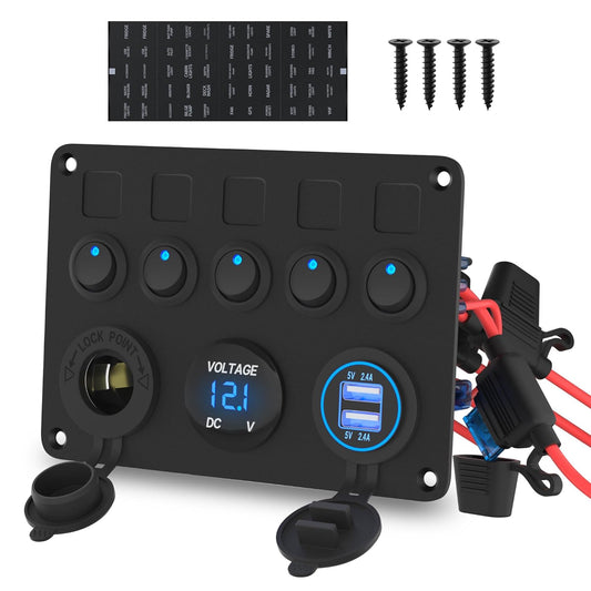 5 Gang Rocker Switch Panel UL Listed 12 Volt ON-Off Switch Panel Blue LED with Inline Fuse & 4.8A USB Charger Socket & Digital Voltmeter & 12V Cigarette Lighter Socket for Marine Boat Car