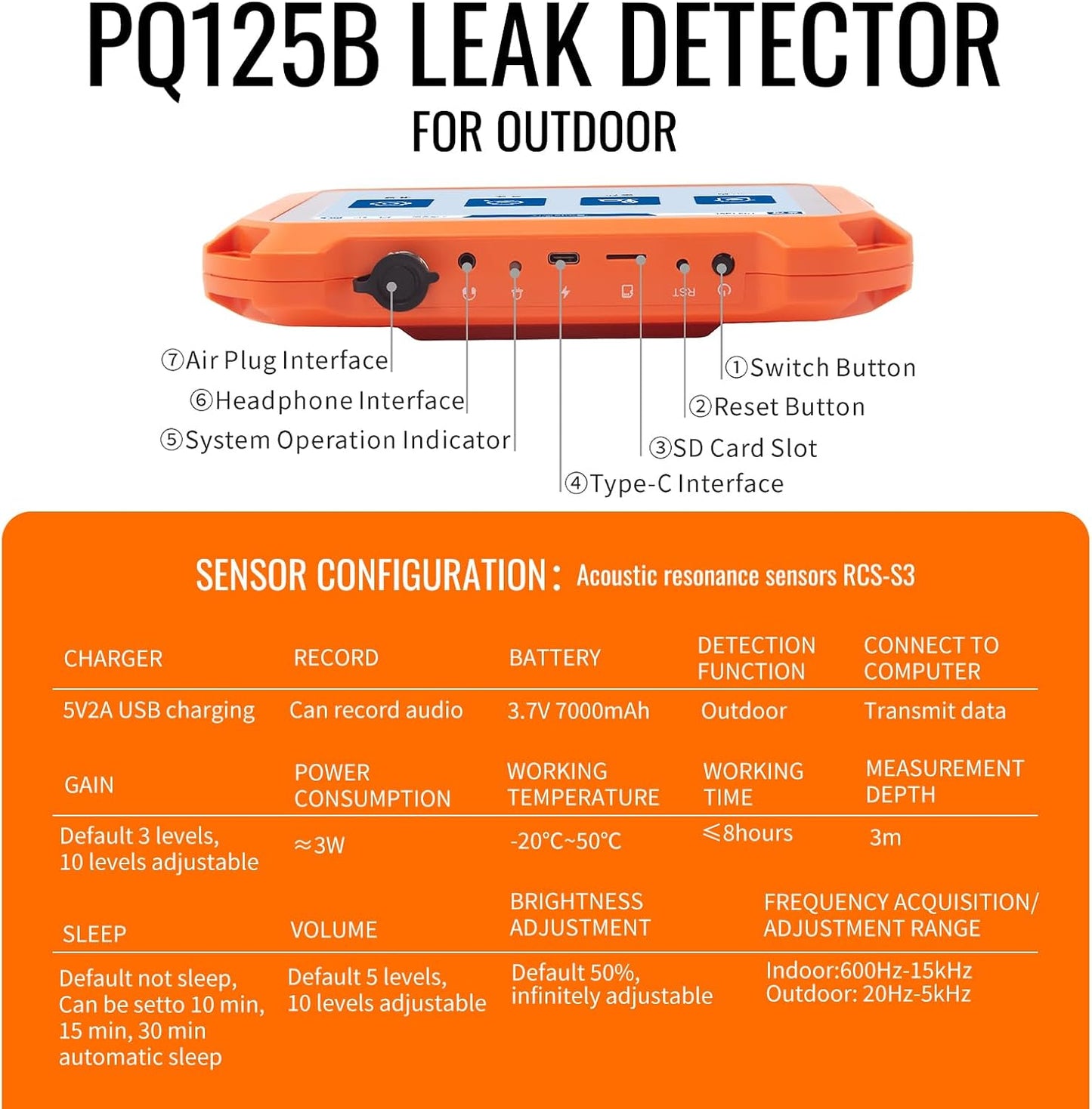 PQWT Underground Water Leak Detectors PQ125B Outdoor Wall Pipe Water Leakage Detection with Touchscreen Earphone and Carrying Case Sensor Acoustic Pipeline Sound Intensifier