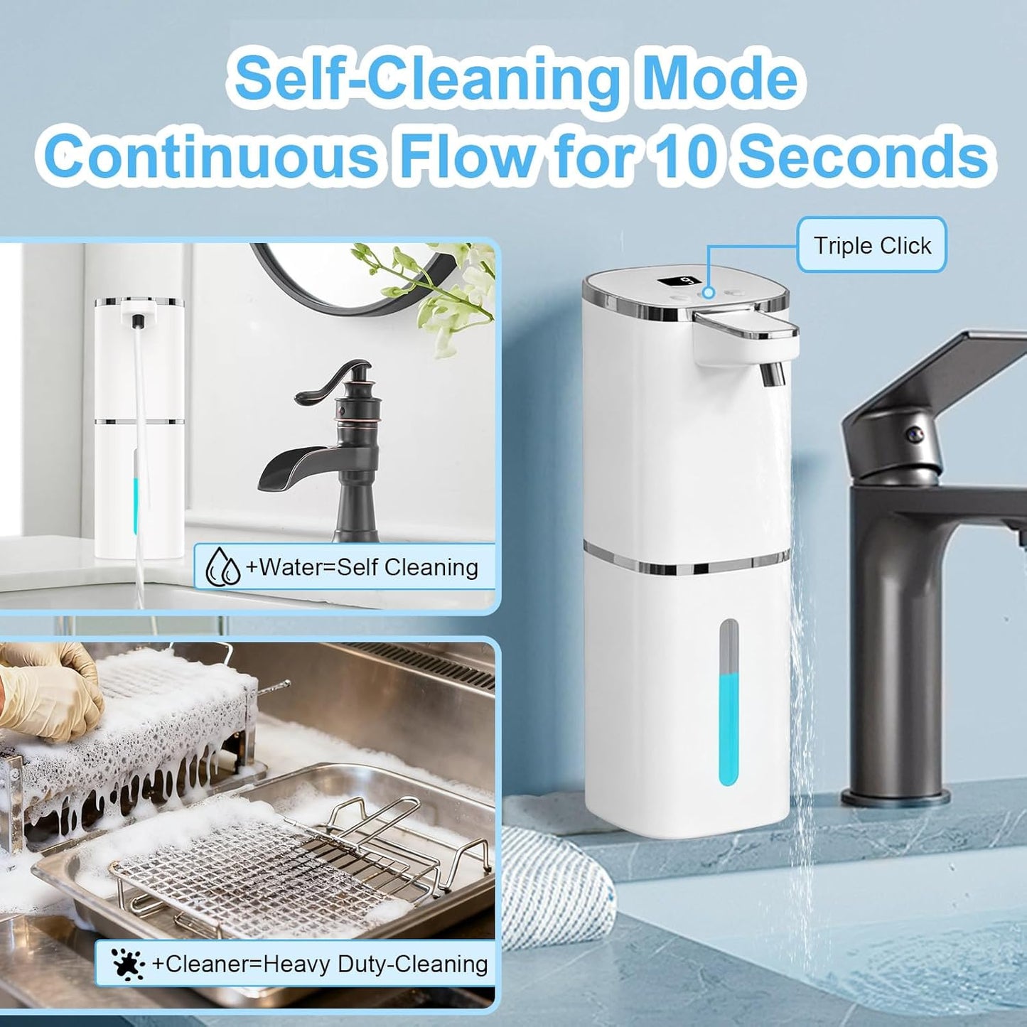 Automatic Foaming Soap Dispenser Touchless, USB Rechargeable Smart Hand Soap Dispenser, 9-Level Adjustable, Physical Button Operation, 13.5oz/400mL Wall Mounted for Bathroom Kitchen Dish Soap