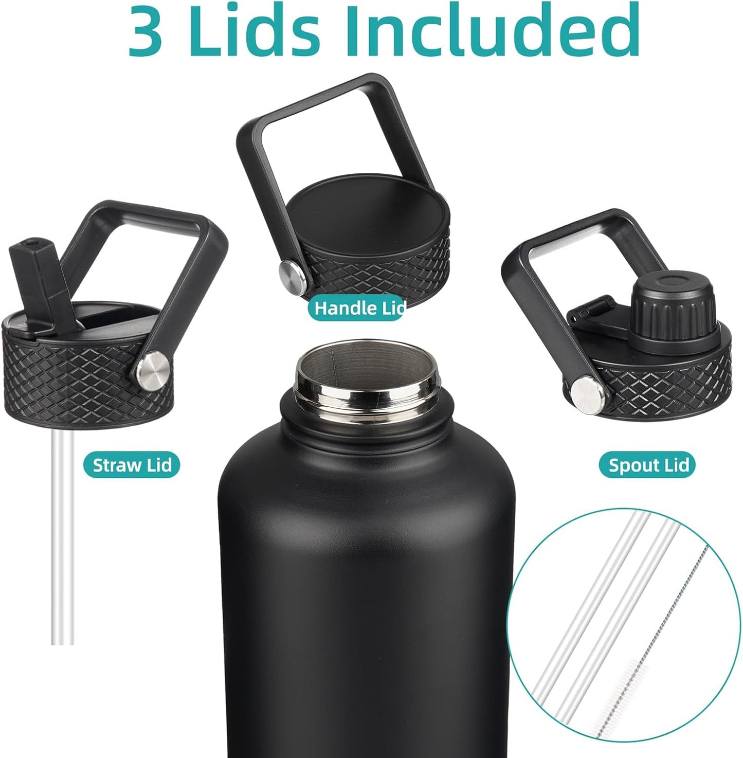 Insulated Water Bottle with Straw,50 oz 3 Lids Water Jug with Carrying Bag,Paracord Handle,Double Wall Vacuum Stainless Steel Metal Flask,Black