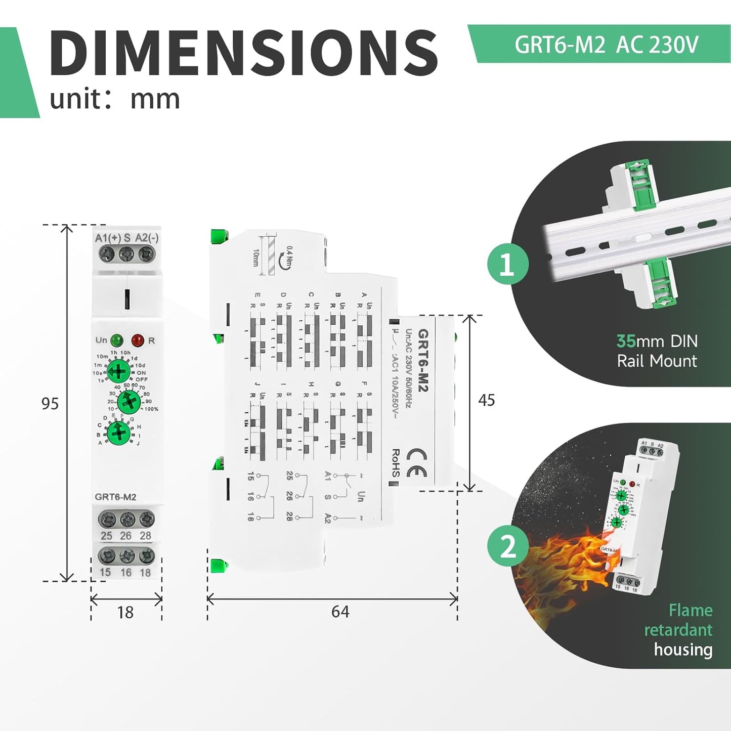 Multifunction Time Relay Module 10A, Adjustable Delay Timer Switch, 0.1s-10 Days Wide Time Range Delay AC230V Factory Automation Time Relay Universal Voltage DIN Rail GTR-6 M2 AC230V