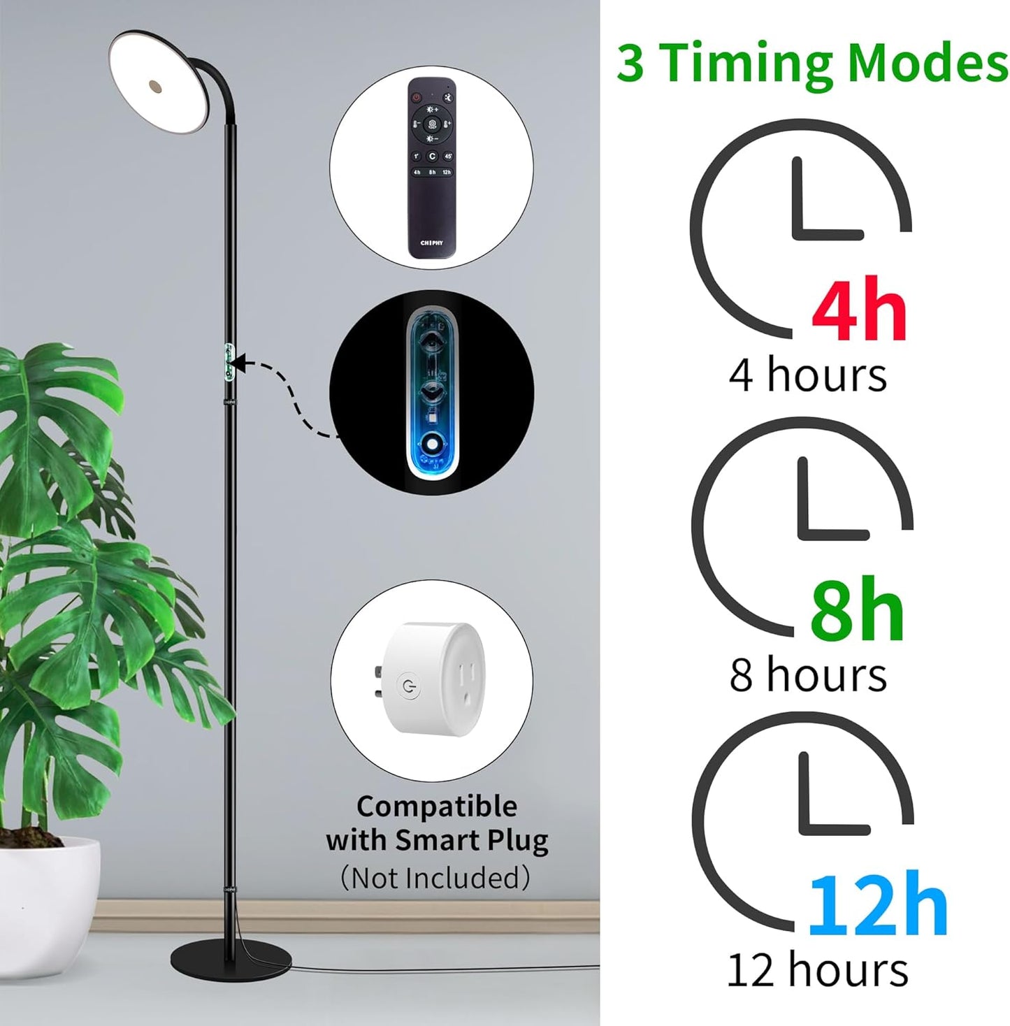 chiphy Grow Lamp, 60W Full Spectrum Grow Lights for Indoor Plants, 4/8/12H Timer, 2300K-6500K, 10 Dimmable Brigntness, 76'' Height Adjustable, Remote Control, Ideal for Tall Large Plants