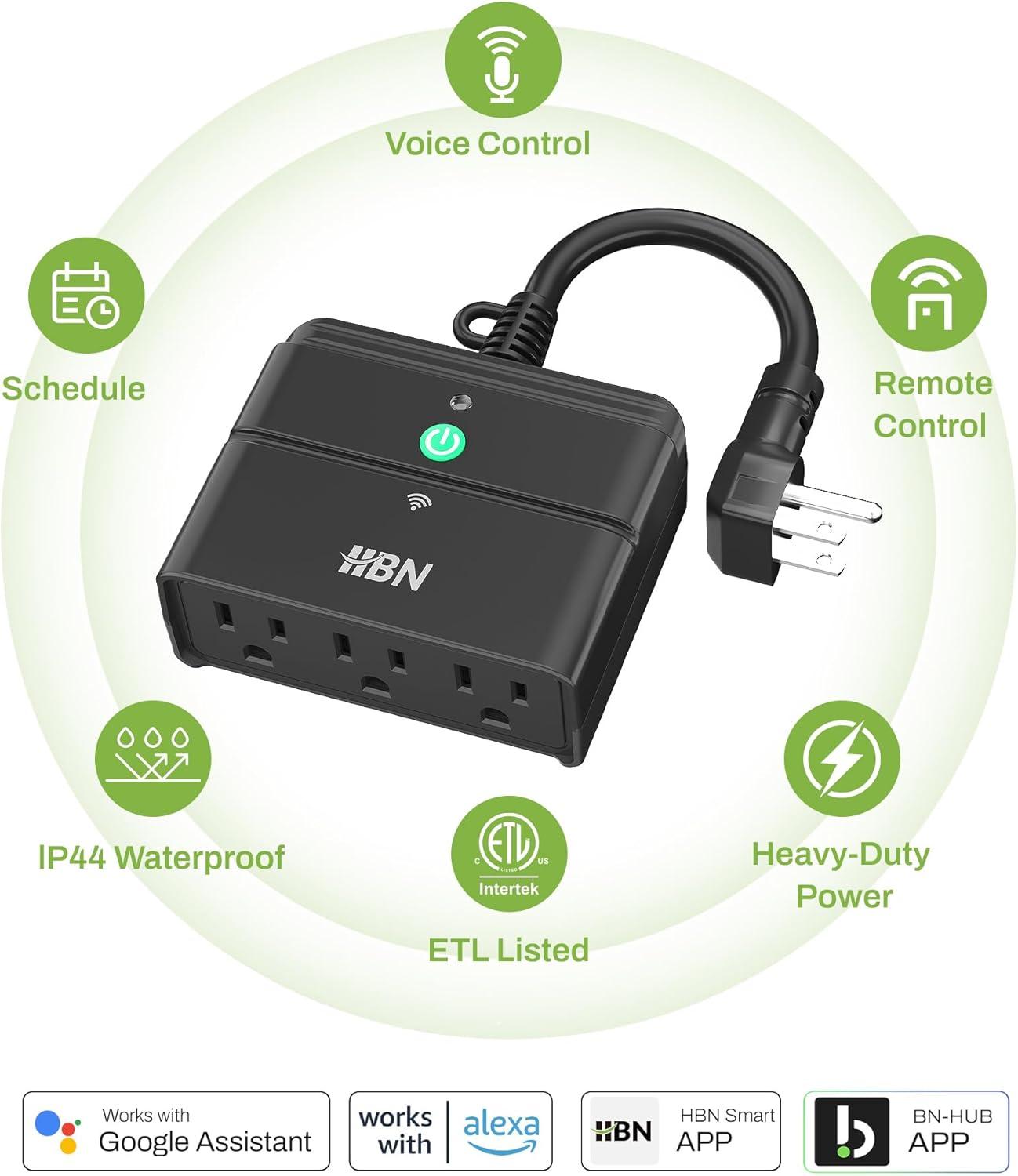 HBN Outdoor Smart Plug,Wi-Fi & Bluetooth Heavy Duty Outlet with 3 Independent Outlets,Compatible with Alexa and Google Assistant,IP44 Waterproof,Voice & APP Control Outlet,No Hub Required,ETL Listed