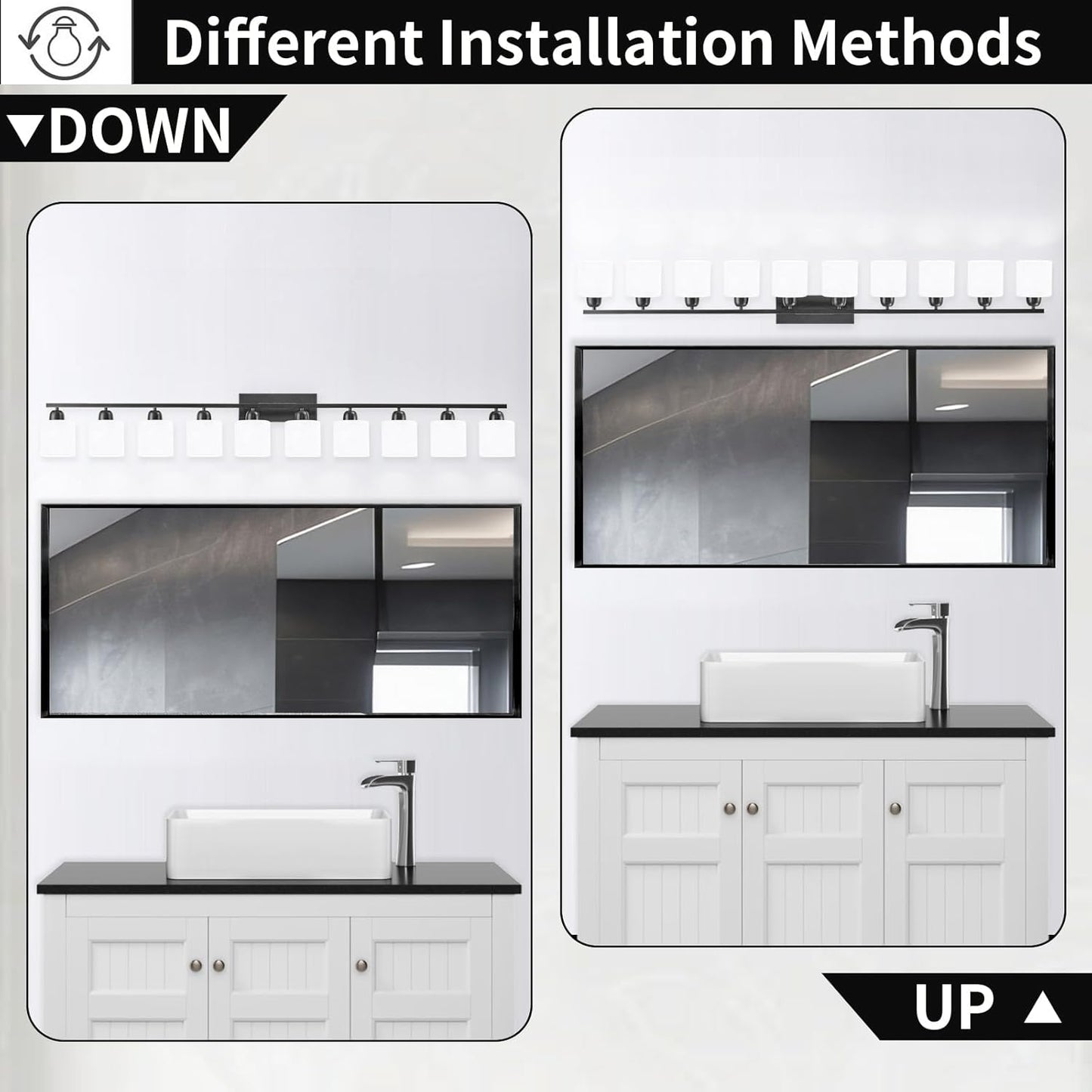 10 Light Black Vanity Lights for Giant Mirror, Bathroom Vanity Lights Over Mirror with Milky White Frosted Glass Shades,65 inch Bathroom Light Fixture for Mirrors, E26