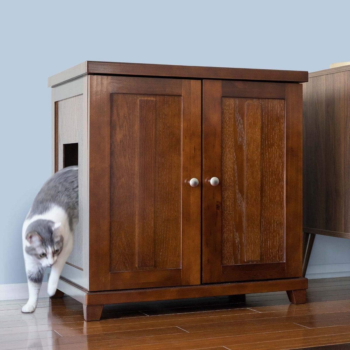 THE REFINED FELINE Cat Litter Box Enclosure Cabinet, Shaker, Mahogany Brown, Tapered Feet, Large, Hidden Litter Cat Furniture with Drawer