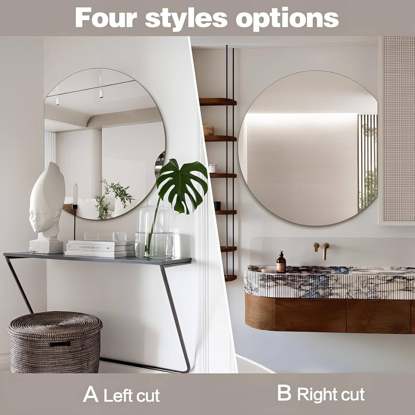 Half Moon Bathroom Mirror 36", Modern Frameless Wall Mirror, Hanging Decorative Vanity Mirror, Minimalist Explosion Proof Semi Circle Mirror for Living Room Bedroom Entryway, Down Cut