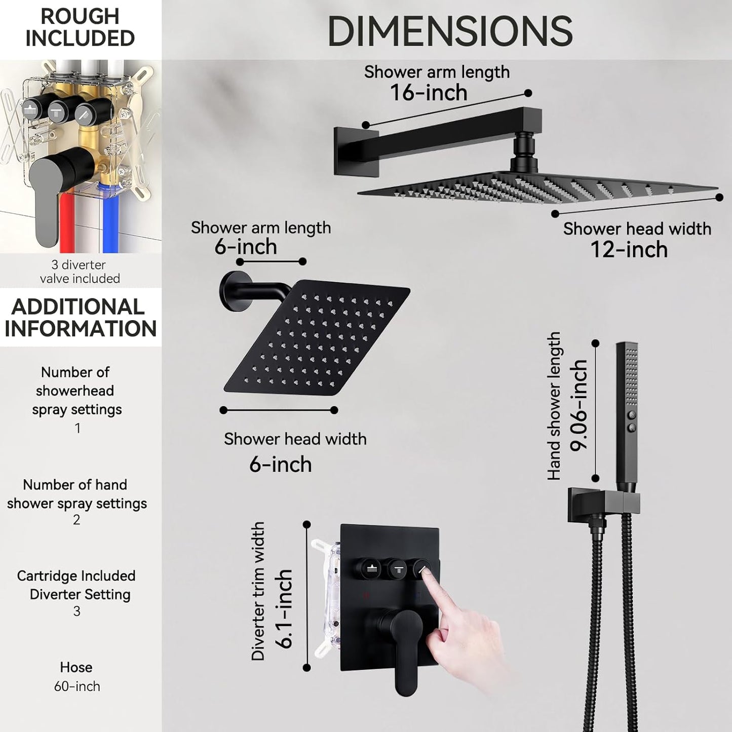 Shower Systems with Rain Shower and Handheld,STARBATH Dual Head 12+6" Rainfall Shower Can Run All Together, Wall Mount Shower Faucet Set with Pressure Balance Valve and Trim Kit, Matte Black