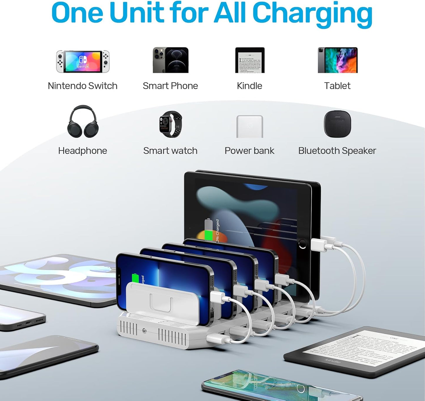【10PCS】 Unitek Multi Charging Station, 10-Port USB Charger for Multiple Device with SmartIC Tech and Adjustable Dividers, Organizer Stand Compatible with iPad, Tablet, Kindle, iPhone - 10PCS, White