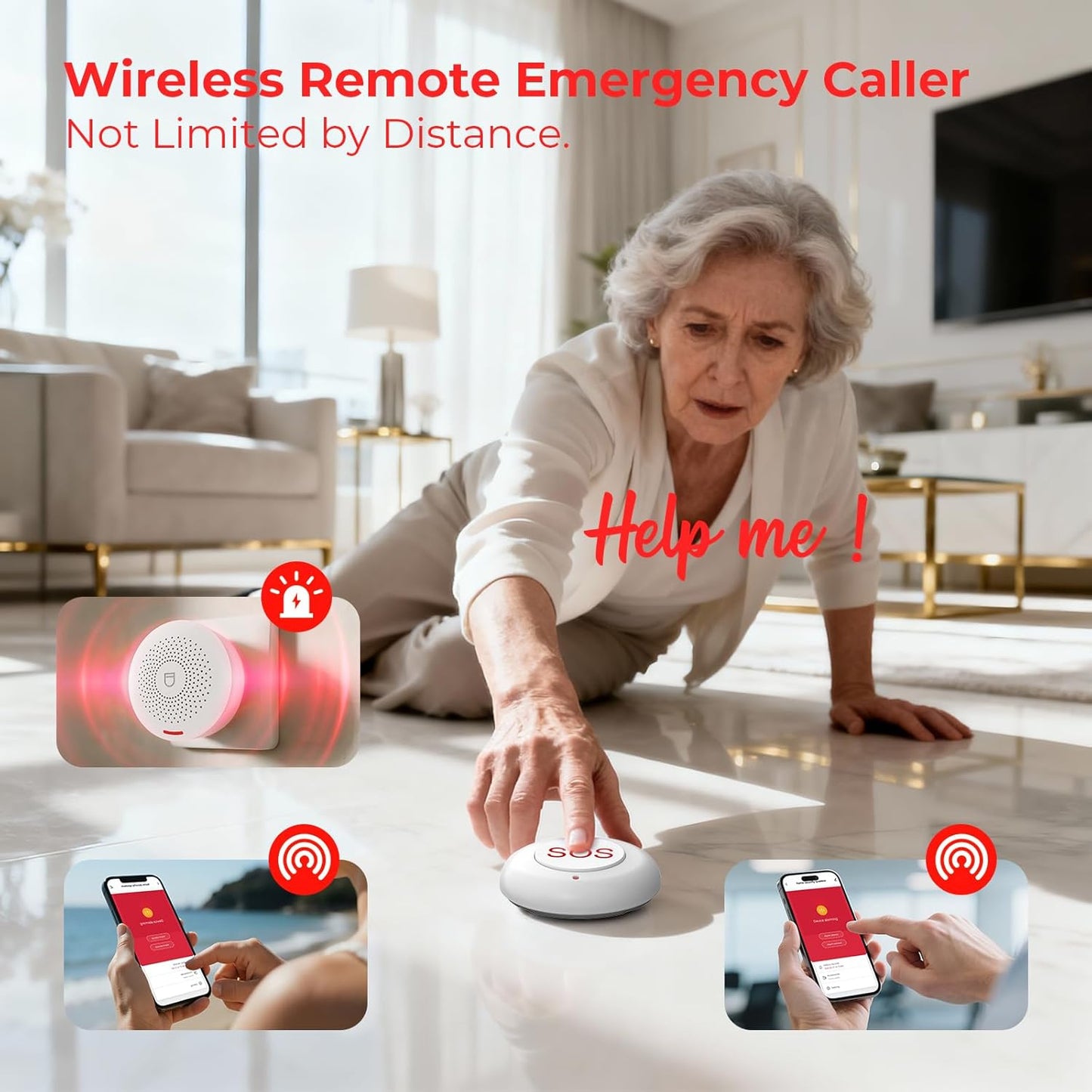 Caregiver Call Button Wireless Call Button for Elderly at Home,WiFi Panic Button,Life Alert Systems for Seniors No Monthly Fee (whiter4)