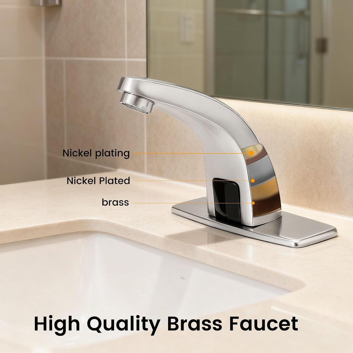 Touchless Bathroom Sink Faucet，Automatic Motion Sensor Faucets with 1 Hole Plate for Water Bath Commercial Lavatory Farmhouse, Brushed