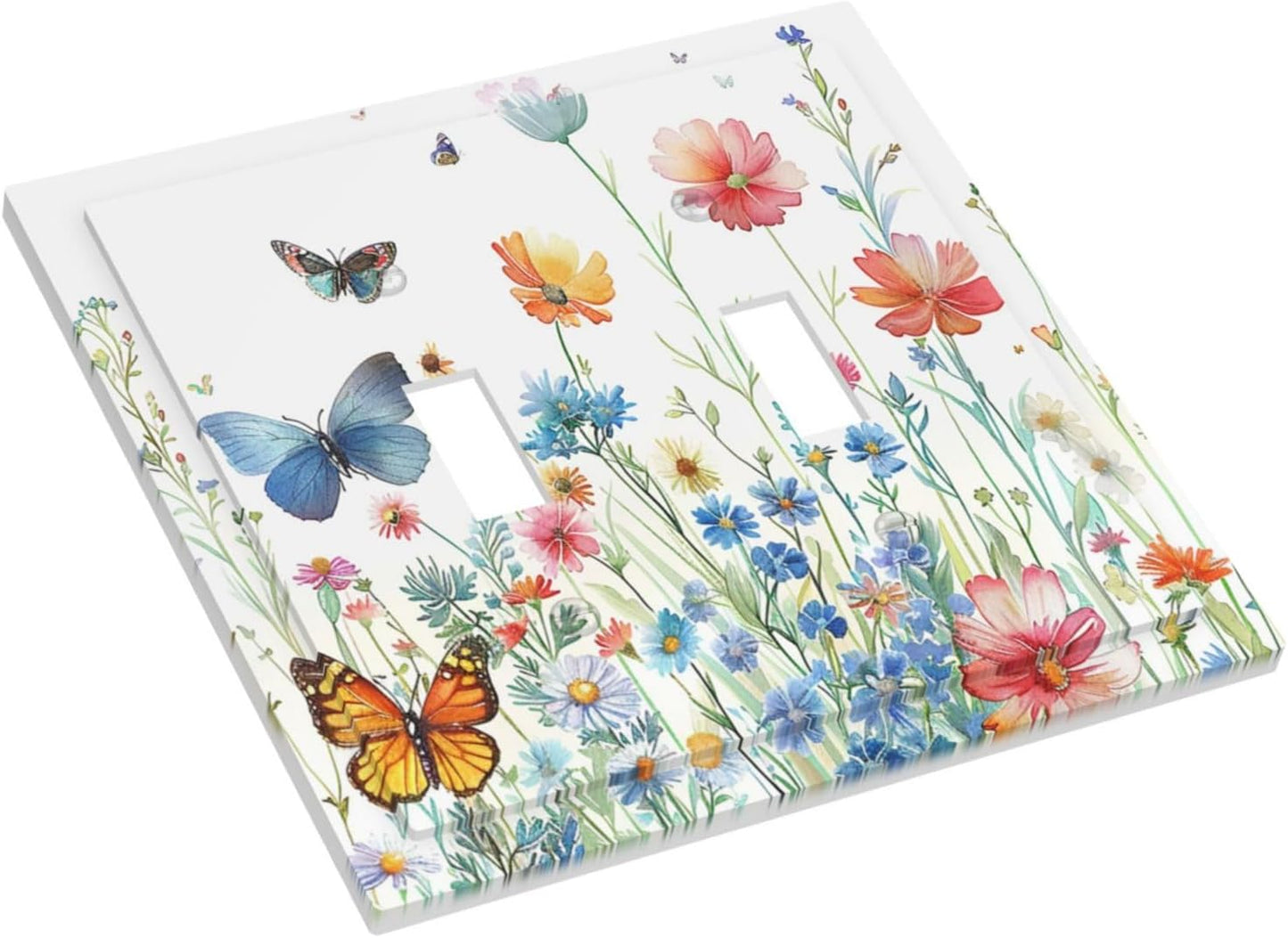 Decorative Light Switch Cover Plate Rustic Wildflower Blue Pink Floral Butterfly 2 Gang Outlet Covers Double Toggle Wall Plates for Electrical Outlets Switch Plate Covers for Home Decor