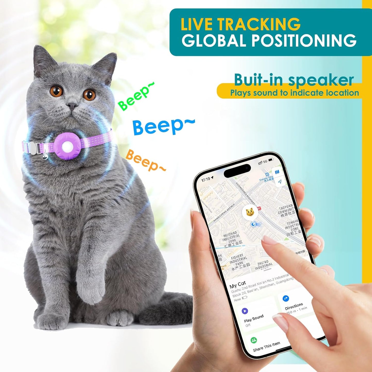 Cat Tracker, Waterproof Pet Tracker for Cats, Cat GPS Tracker Collar with Safety Elastic Buckle, Compatible with Apple Find My App (Only iOS), No Monthly Fee, Purple