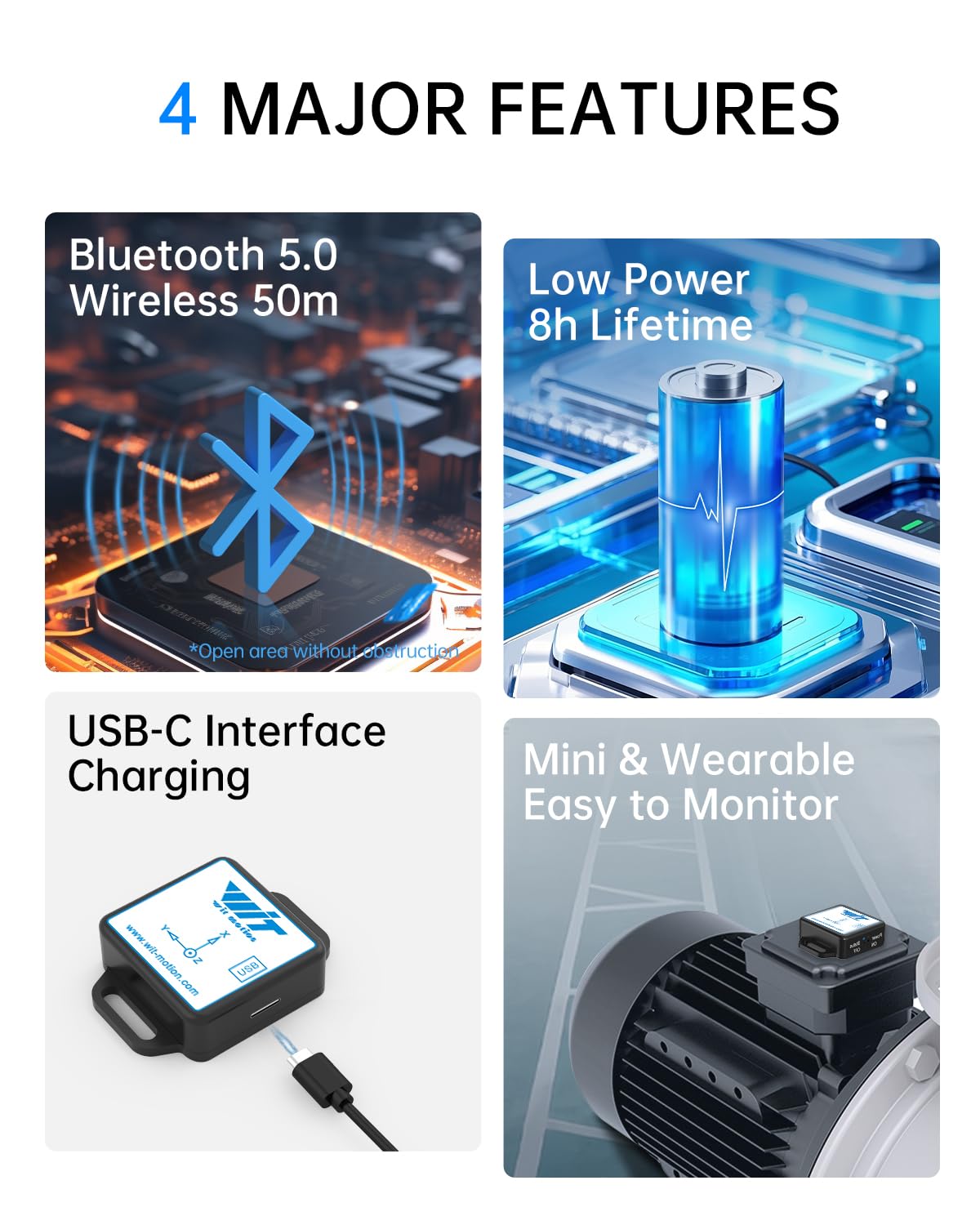 [BLE Vibration Sensor] WTVB01-BT50 Smart Vibration Module Ar-duino, 3-axis Vibration(Amplitude+Frequency+Displacement+Speed) Detector, Wireless Acceleration Shock Motor Monitor