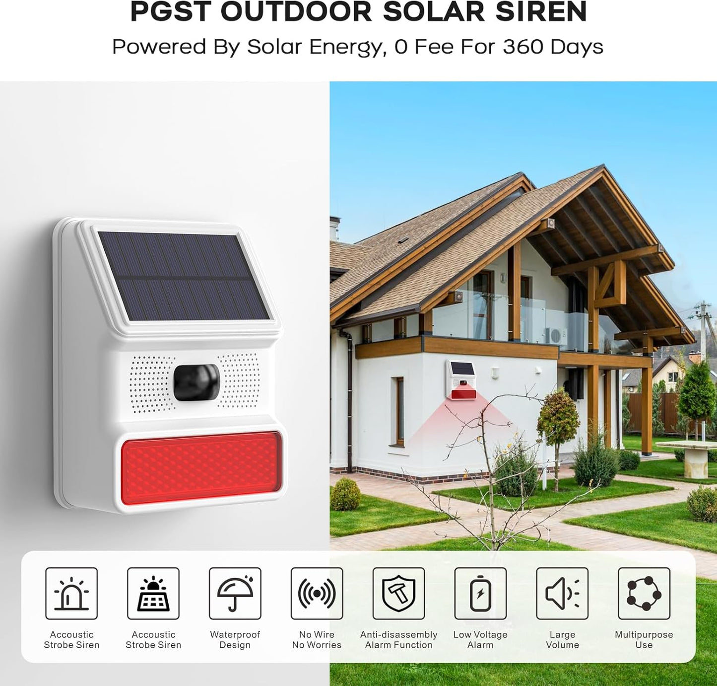 PGST Solar Alarm Motion Detector,Outdoor Security Siren Sensor with Flashing Light,IP65 Waterproof,Remote Control,21 Sound Switching Options,120dB Loud Noise Maker for Farm,Yard,Garden,Fish Pond