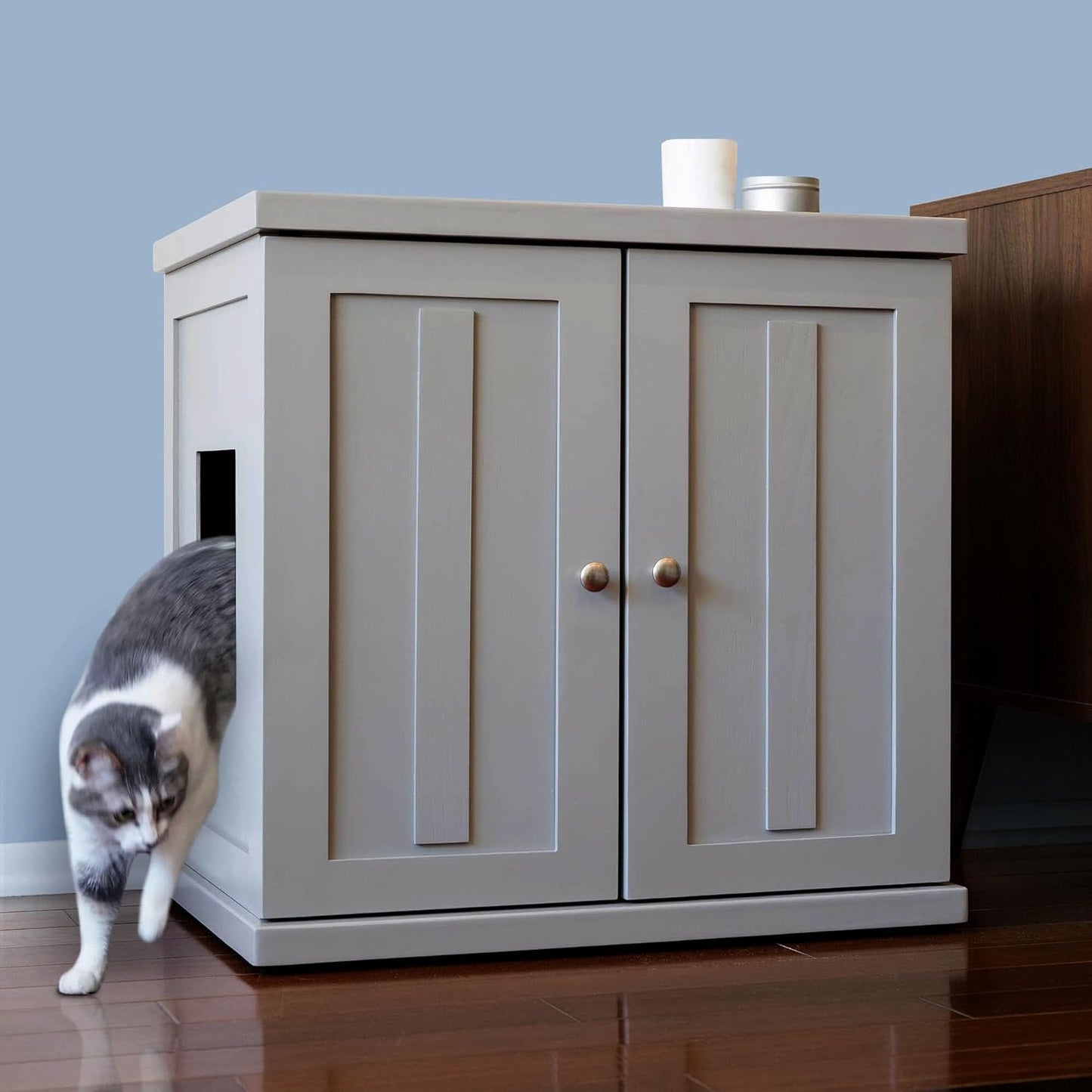 THE REFINED FELINE Cat Litter Box Enclosure Cabinet, Shaker, Smoke Gray, Adjustable Levelers, Large, Hidden Litter Cat Furniture with Drawer