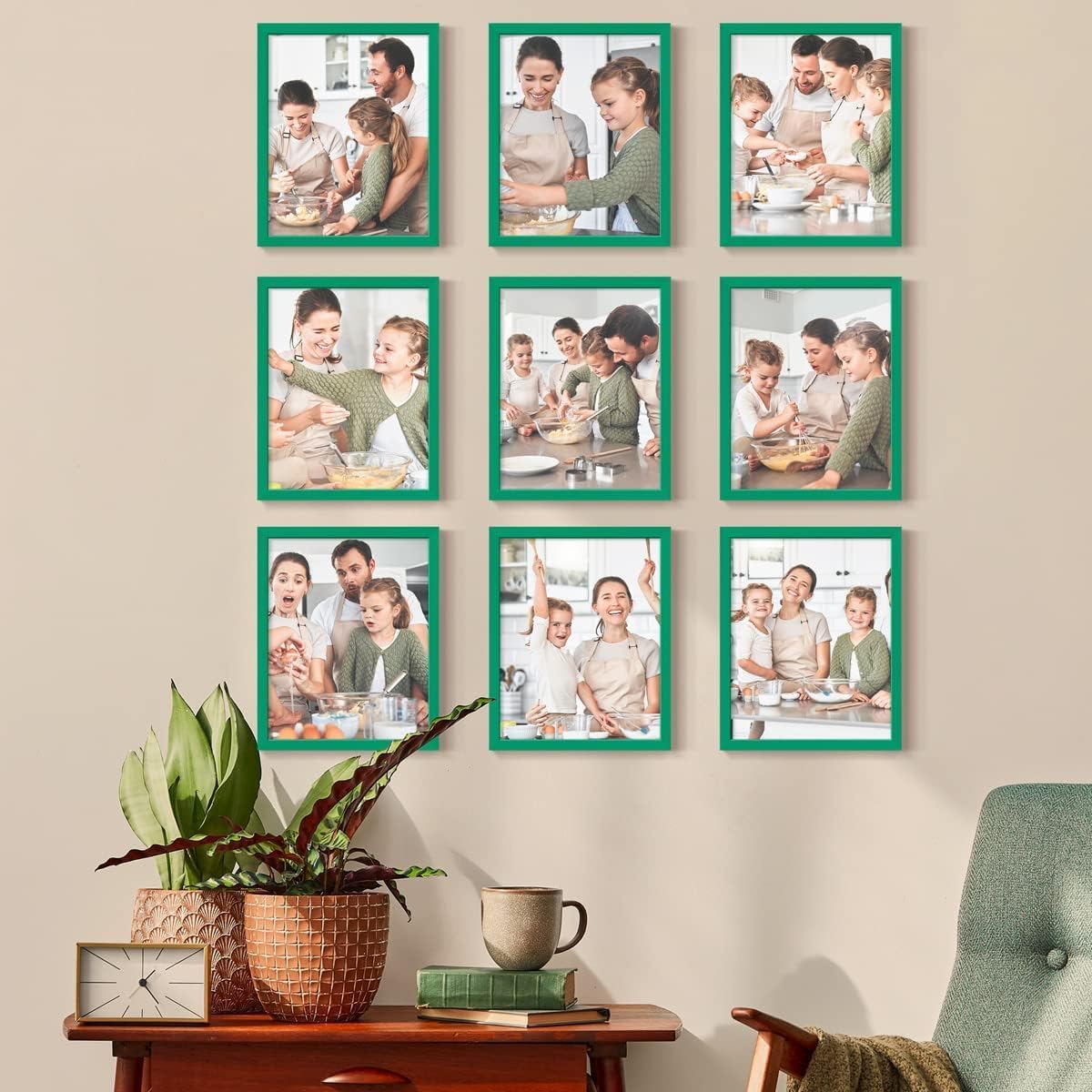 Renditions Gallery Set of 9, 8X10 Custom Photo Prints with Real Wood Picture Frames. Create Personalized Photos with Peel & Stick Photo Frames. Green Frame