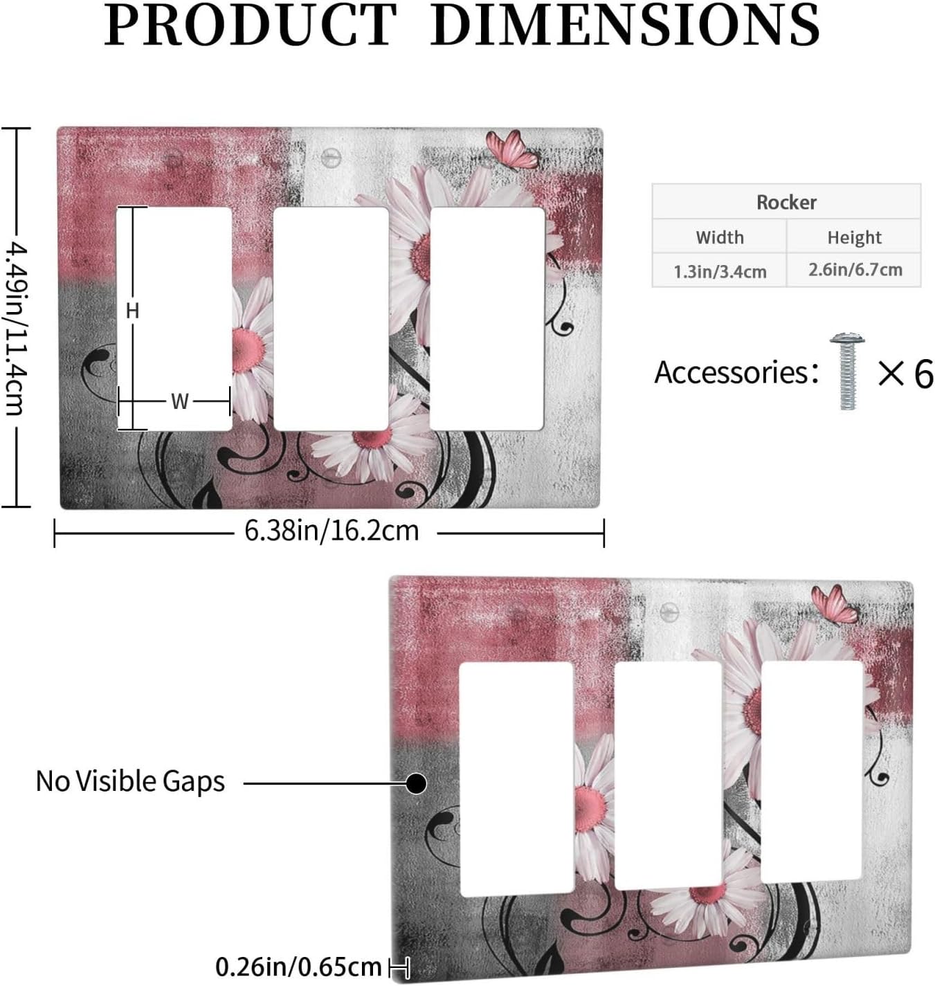 Light Switch Covers Pink Floral Rustic Daisy Flower And Butterfly 3 Gang Rocker Electrical GFCI Decorative Triple Outlet Wall Plate Cover Switchplate for Farmhouse Cabin Decor