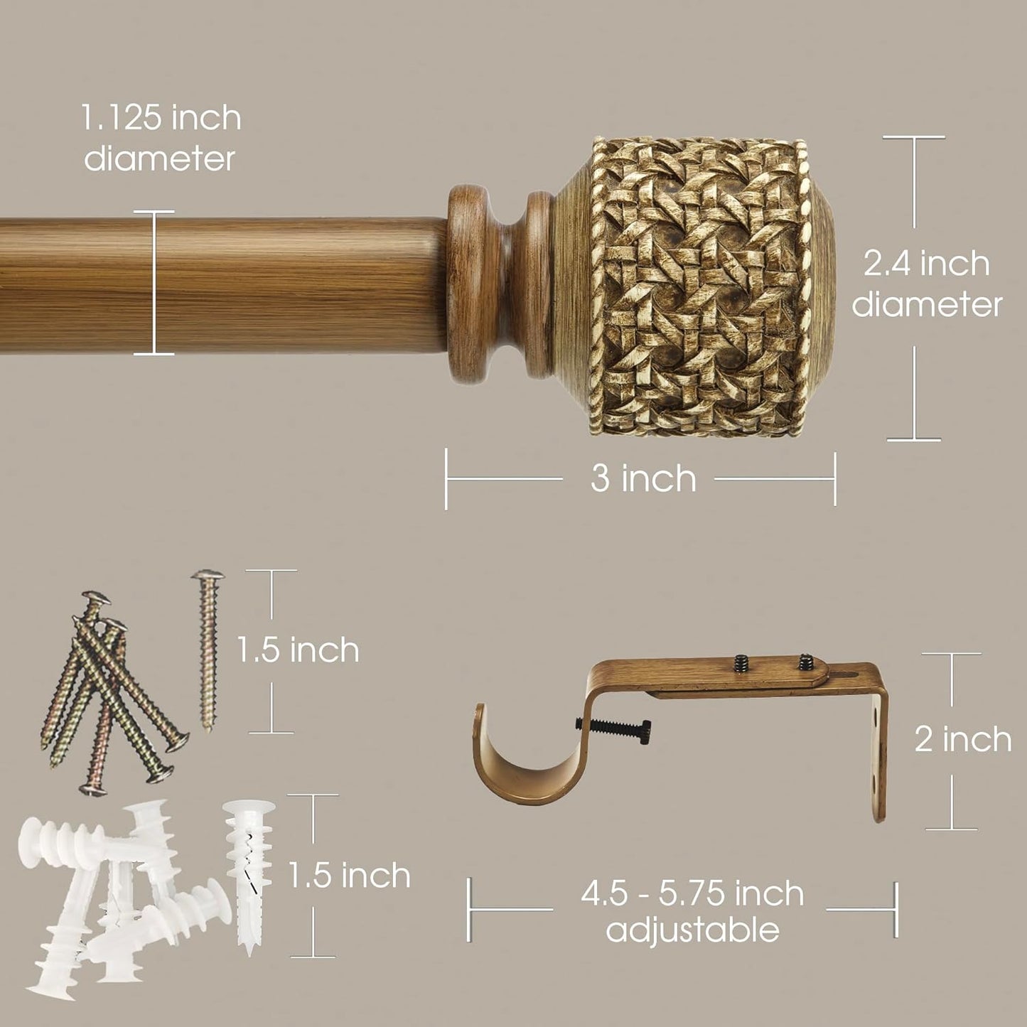 1-1/8 Inch Diameter Faux Wood Curtain Rods with Faux Rattan Cane Woven Finial, 72-144'' Telescoping Single Curtain Rods for window width 68-140 inch, 1 pack