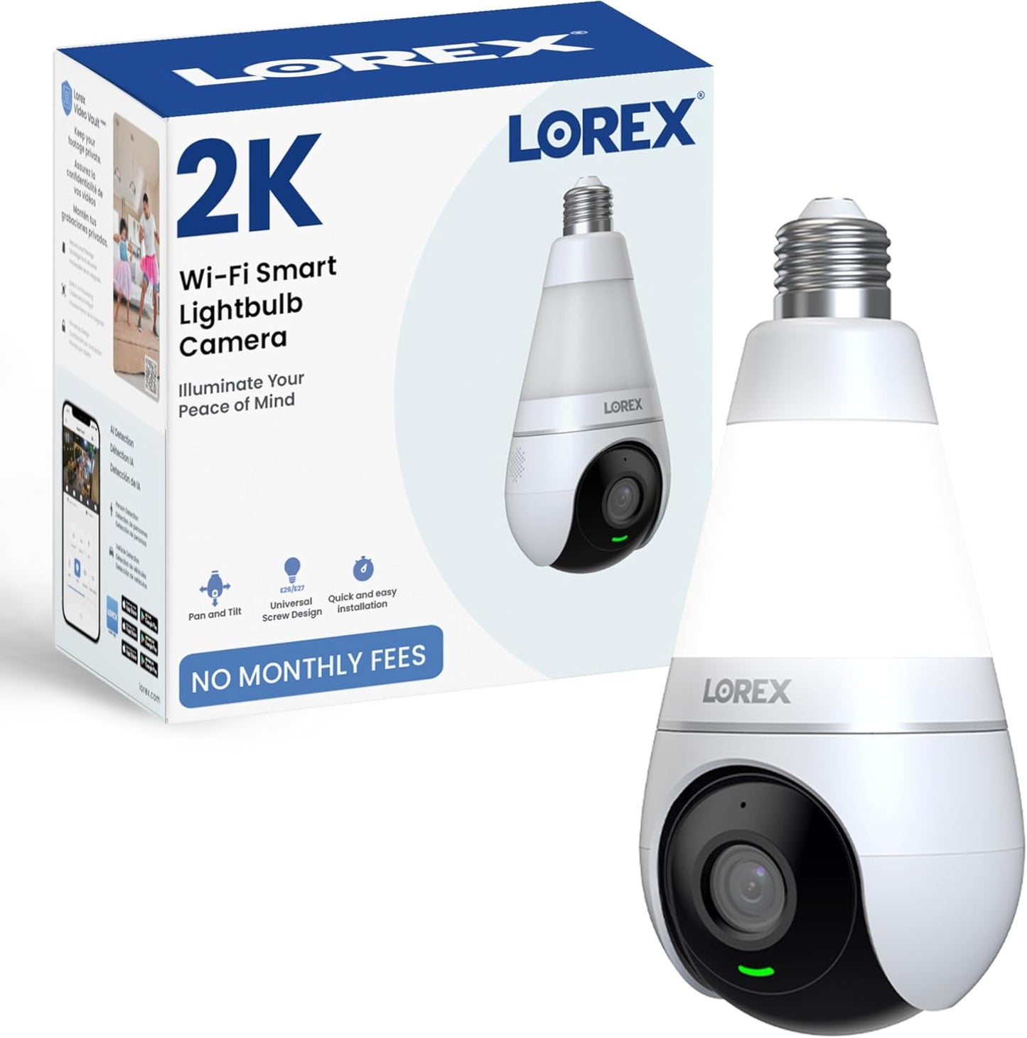 Lorex 2K Wi-Fi Smart Lightbulb Camera | E26/E27 Socket | Pan-Tilt View, Color Night Vision, Person & Vehicle Detection | 2-Way Talk | Alexa/Google | Cloud & Local Storage Option
