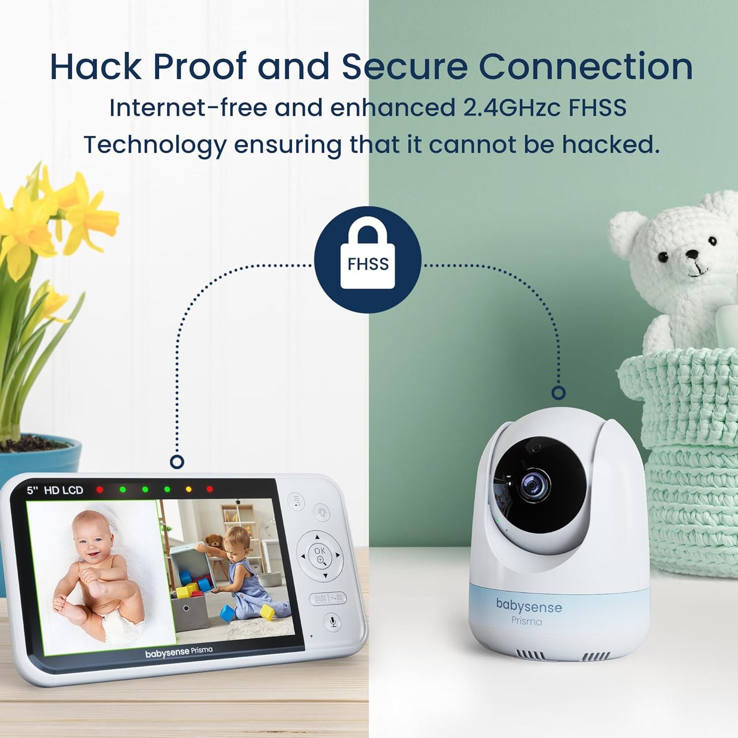 Babysense Prisma Baby Monitor with Camera and Audio, 5” HD Video Baby Monitor with 2 Cameras, 6-Color Night Light, Split Screen, Sound Machine with White Noise & Lullabies, Secure No WiFi