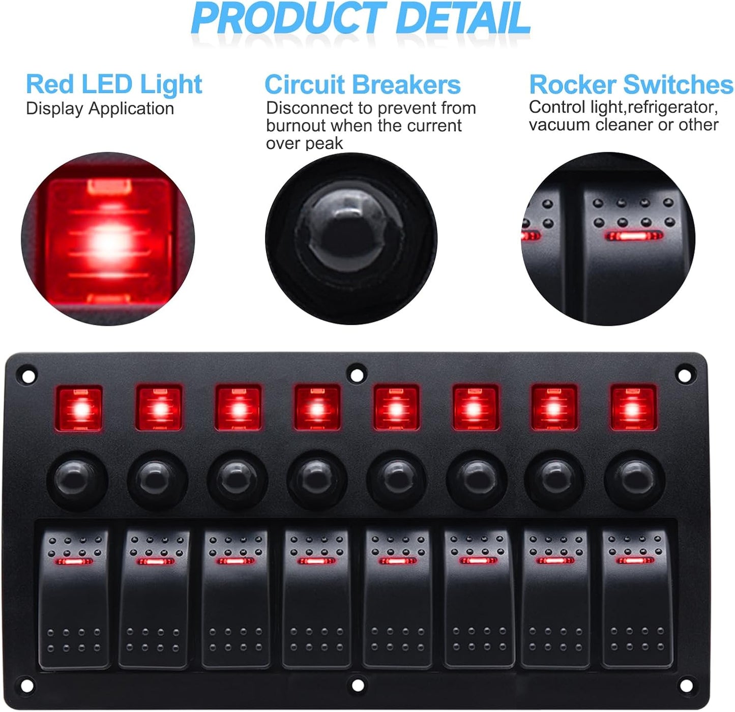Geloo 8 Gang Marine Rocker Switch Panel, Boat Switch Panel Waterproof, 12V Switch Panel with Red LED Light, Aluminum Switch Panel for Car RV Truck with 5A 10A 15A Circuit Breaker