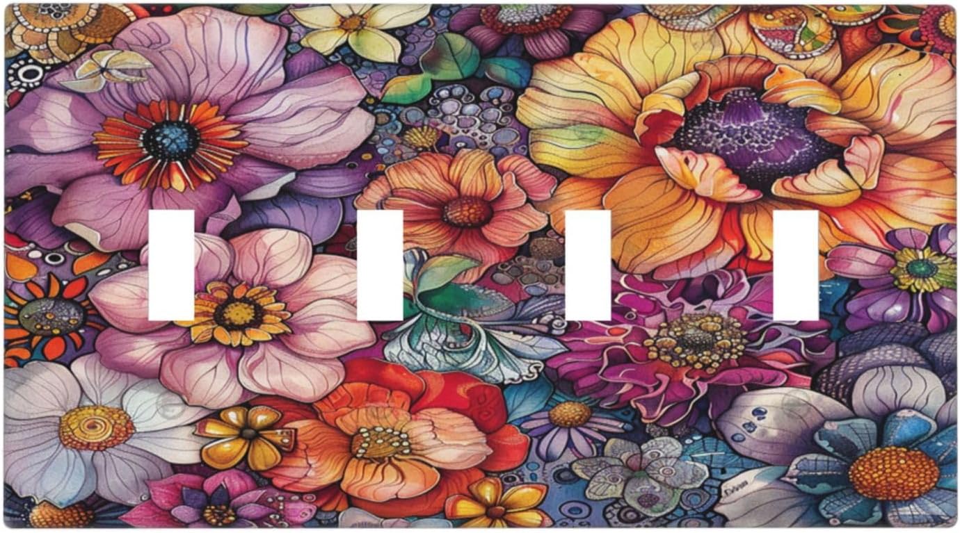 Light Switch Covers Colorful Bohemian Flowers Vintage Boho Floral Quad Toggle Electrical Faceplate 4 Gang Wall Plate Decorative Switch Plates for Bed Room living Room Decor