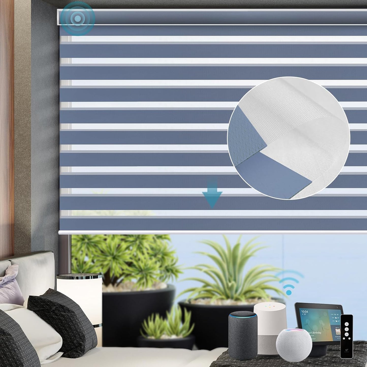 SmartWings Motorized Zebra Shades with Valance Work with Homekit Thread Alexa Z-Wave Smart Dual Layer Shades with Remote Control, Automatic Horizontal Window Blind, 90% Blackout 95mm Astrid Blue