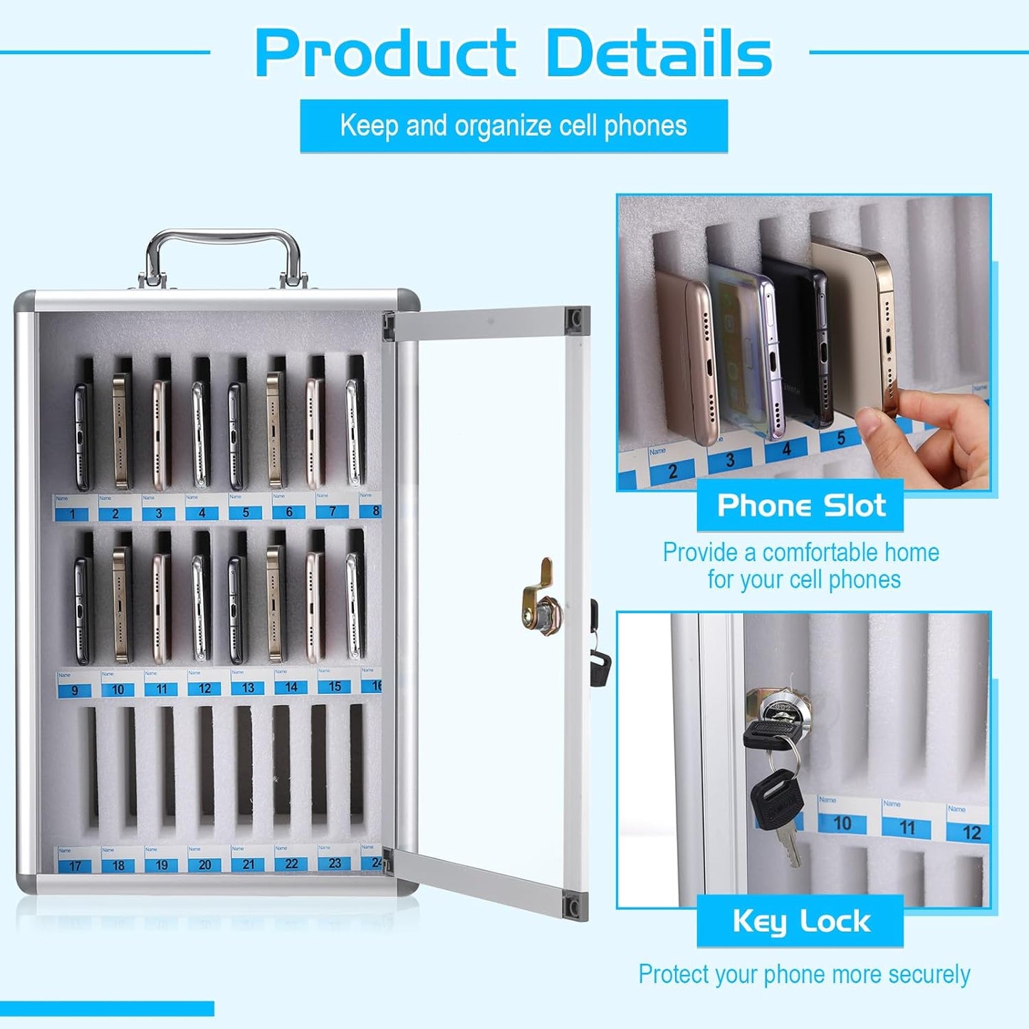 Amylove 24 Slots Cell Phone Locker Cabinet Aluminum Alloy Pocket Chart Storage Locker Box Cabinet Wall-Mounted Cell Phones Storage Box with Handle for Office Classroom Gym (White)