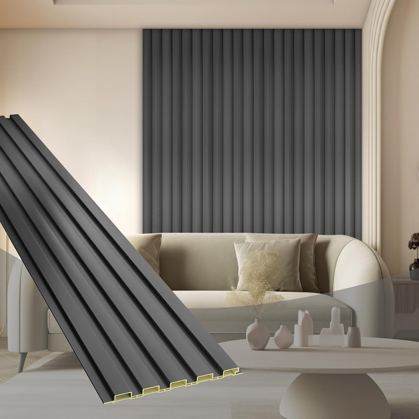 OUZUGIE WPC Acoustic Slat Wall Paneling, 8-Pack 96 x 6 Inches 3D Wall Panels for Interior Wall Decor,Living Room,TV Background,Study Room,Office Spaces,Bedroom,Low Grille (Metallic Dark Gray)