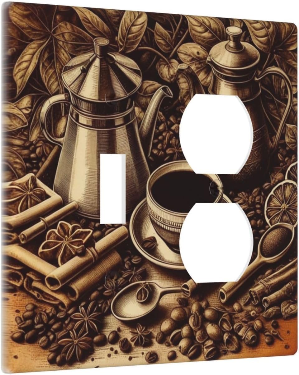 Decorative Outlet Covers Vintage Coffee Beans Leaf Cup 2 Gang Wall Plate Cover Single Toggle Duplex Combo Two Switch Light Switch Cover Plate Jumbo Dual GFCI Faceplate